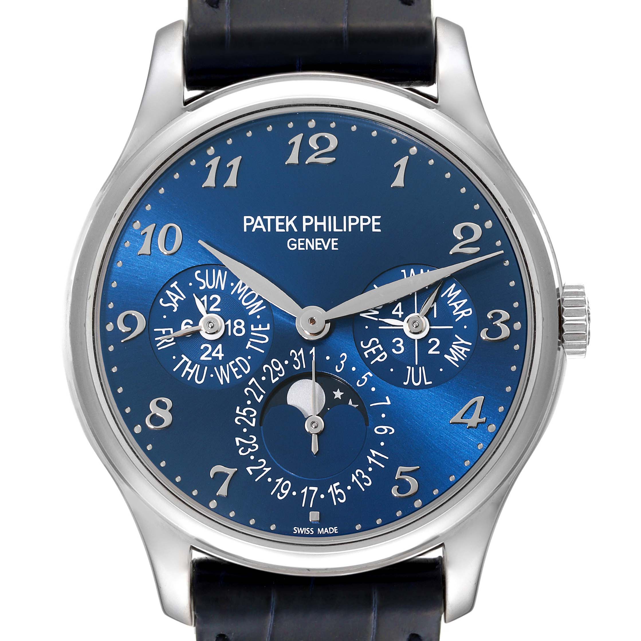 This Patek Philippe Complications 5327G-001 Men's White Gold Blue Dial 5327G-001 Men's White Gold Blue Dial watch is shown from a front angle, displaying the blue dial, calendar subdials, and moon phase.