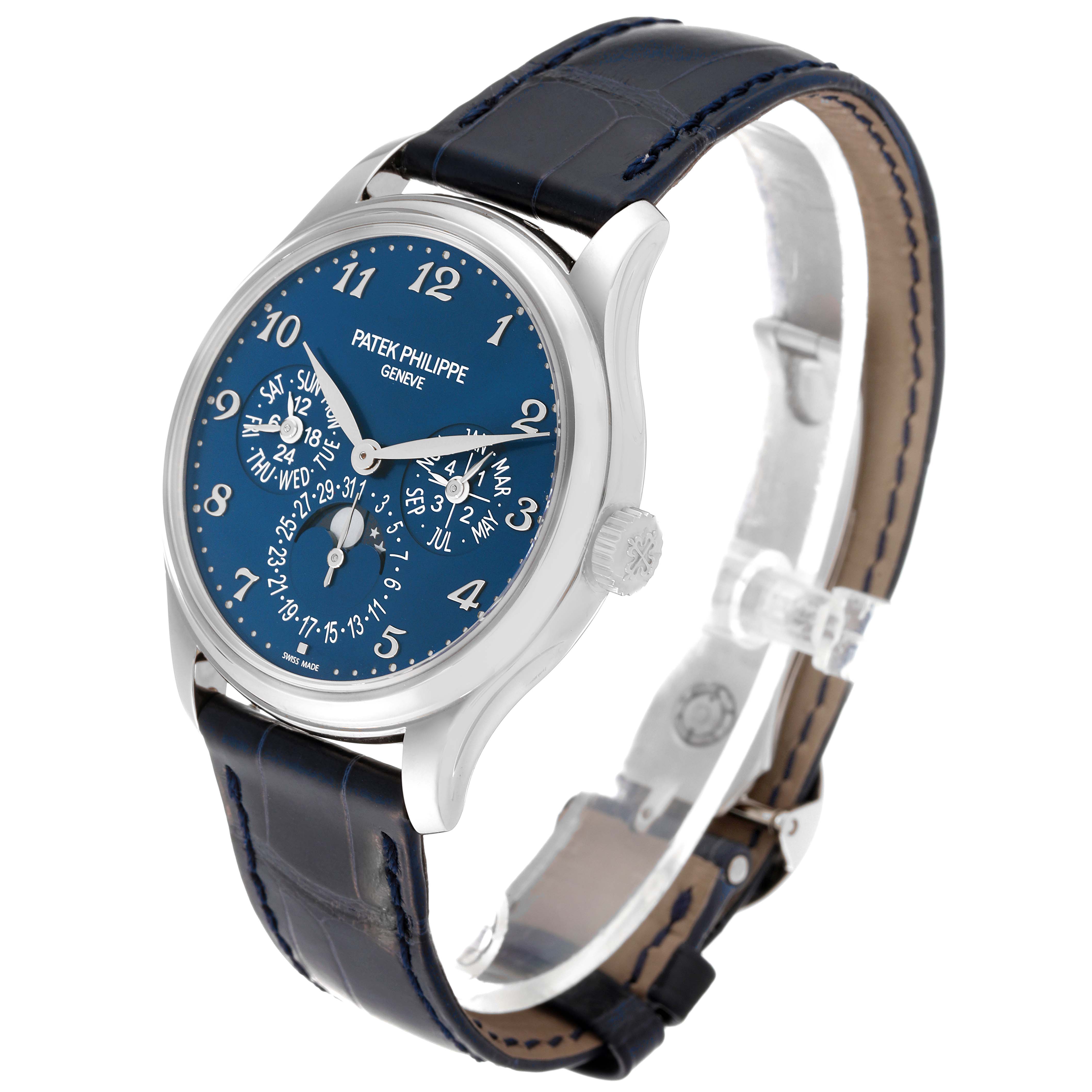 The image shows a Patek Philippe Complications 5327G-001 Men's White Gold Blue Dial 5327G-001 Men's White Gold Blue Dial watch at a slight angle, displaying its blue dial and leather strap clearly.