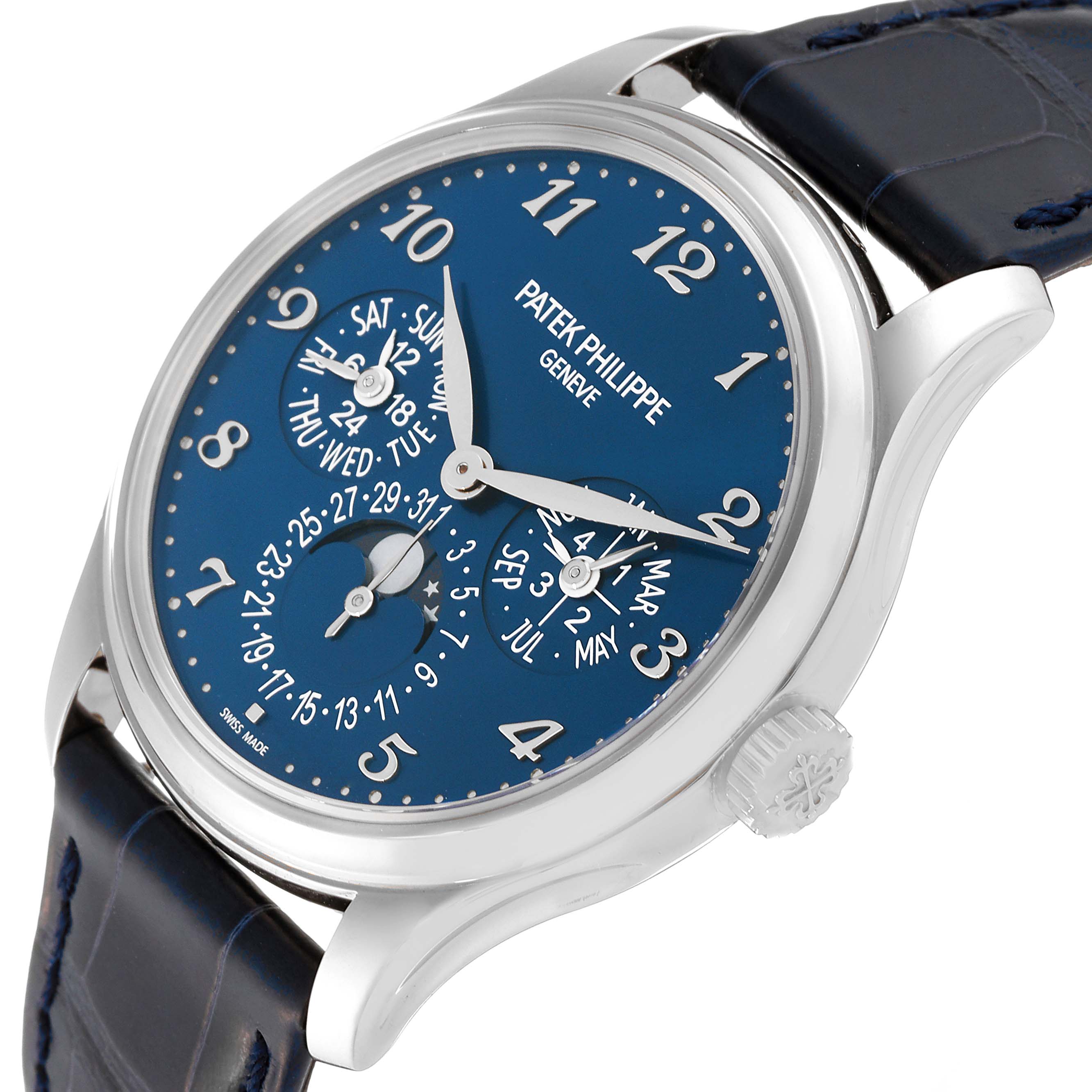The Patek Philippe Complications 5327G-001 Men's White Gold Blue Dial 5327G-001 Men's White Gold Blue Dial watch is shown at an angled view, highlighting the blue dial, subdials, case, and strap.
