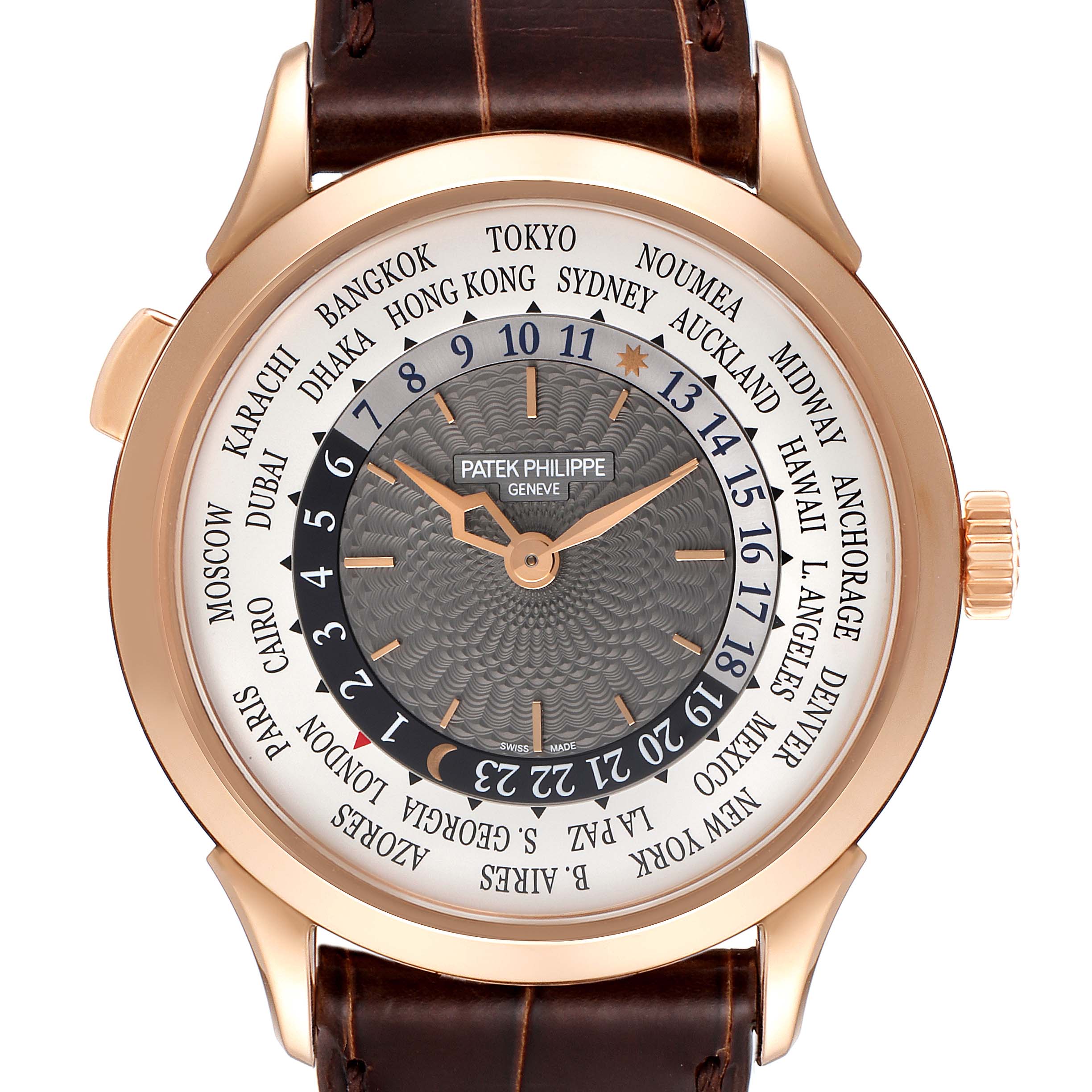 This image shows a front angle of the Patek Philippe Complications 5230R Men's Rose Gold Grey Dial 5230R Men's Rose Gold Grey Dial model, displaying the face, hours, and world time zone cities.
