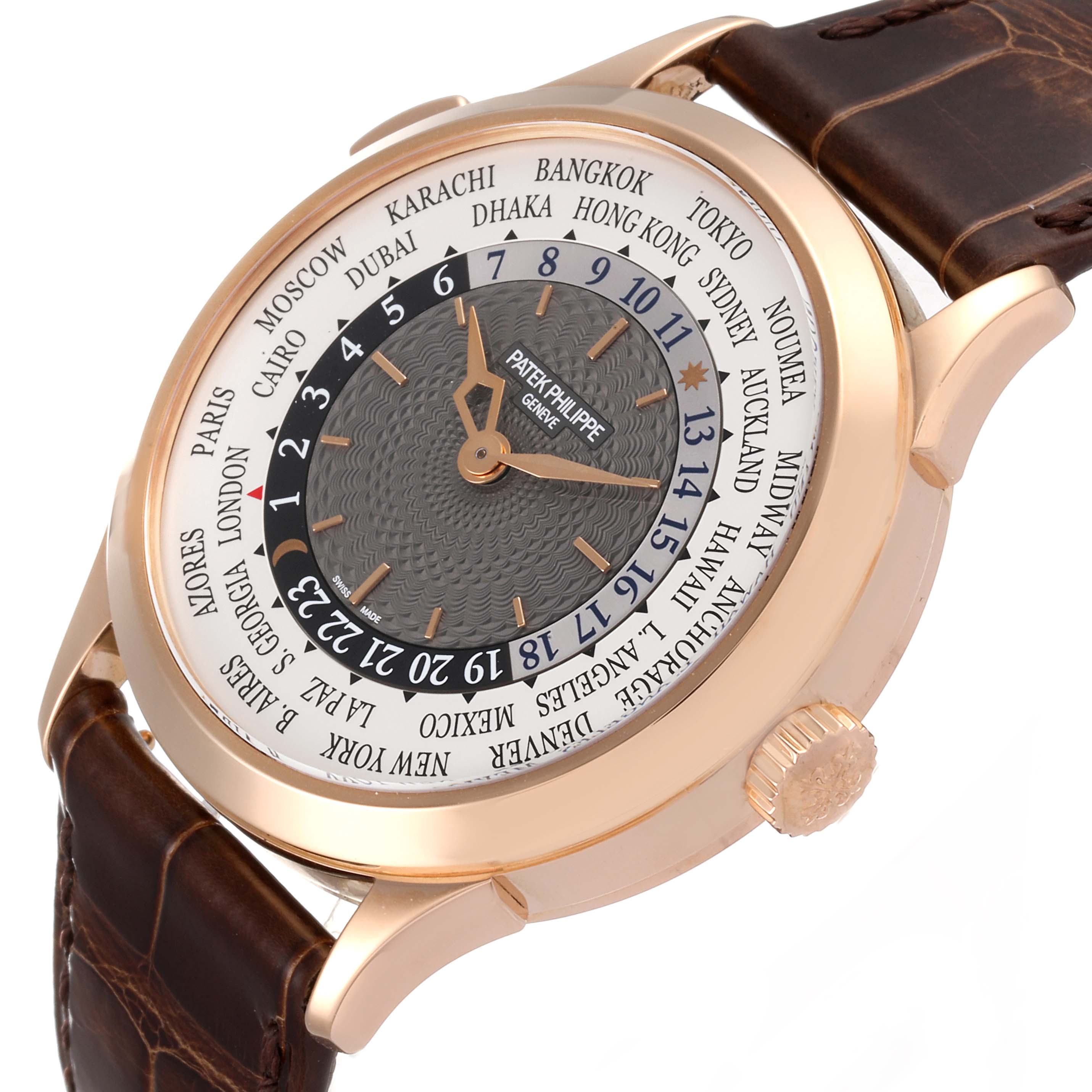 The Patek Philippe Complications 5230R Men's Rose Gold Grey Dial 5230R Men's Rose Gold Grey Dial watch is shown at a slight angle, highlighting its face, bezel, crown, and leather strap.