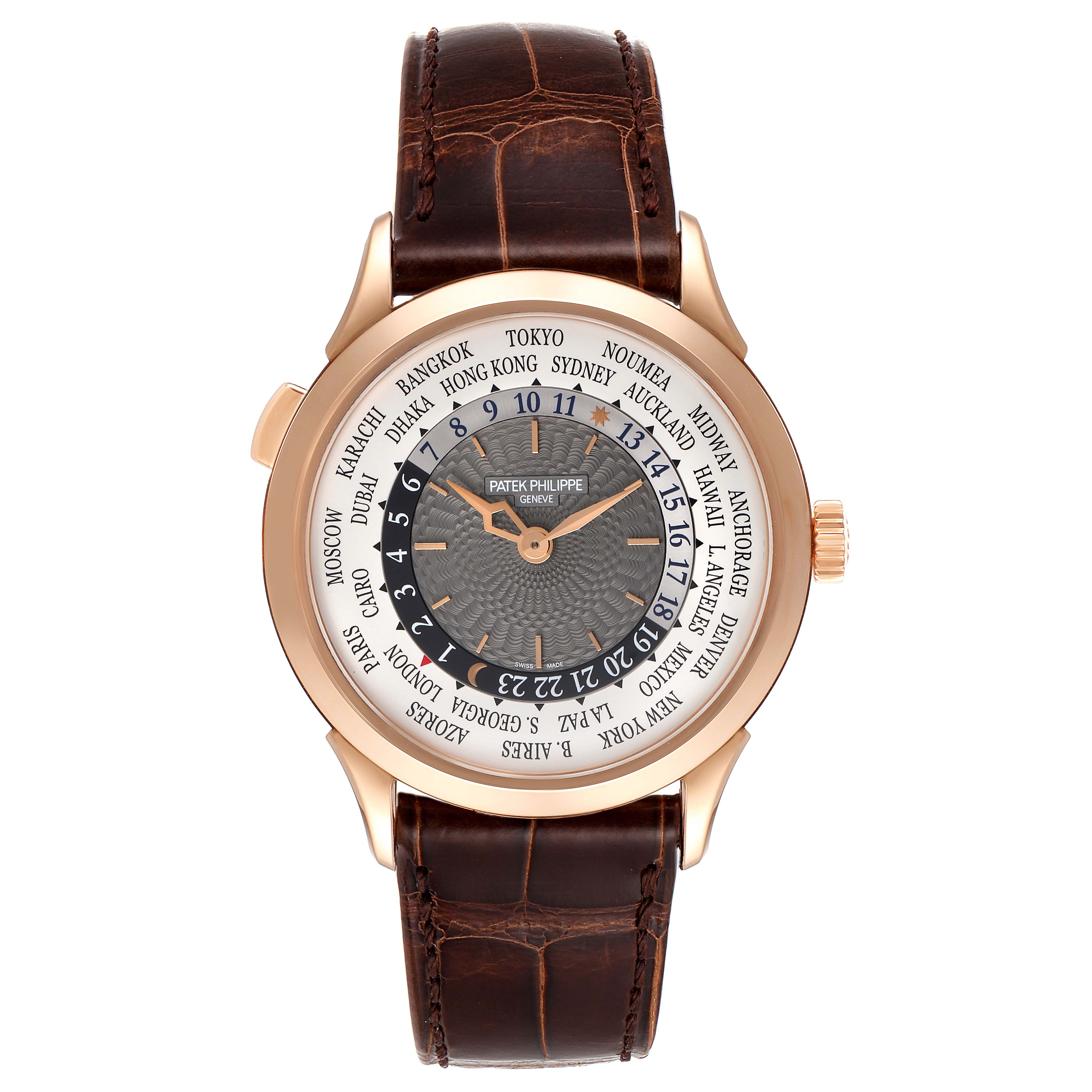 This image shows a Patek Philippe Complications 5230R Men's Rose Gold Grey Dial 5230R Men's Rose Gold Grey Dial model watch with a front view angle, displaying its dial, bezel, and leather strap.