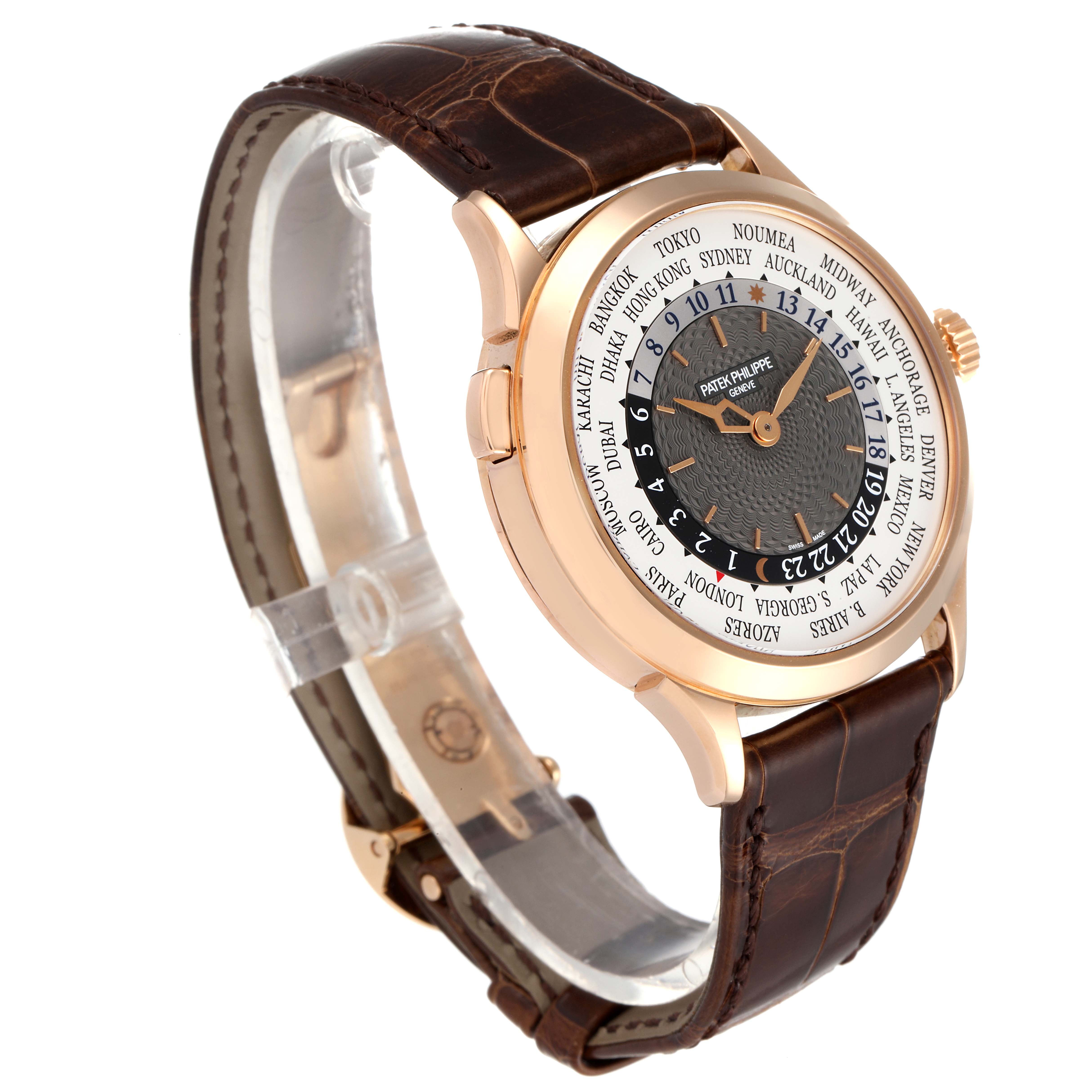 The image shows a side view of a Patek Philippe Complications 5230R Men's Rose Gold Grey Dial 5230R Men's Rose Gold Grey Dial watch with a brown leather strap and rose gold casing.