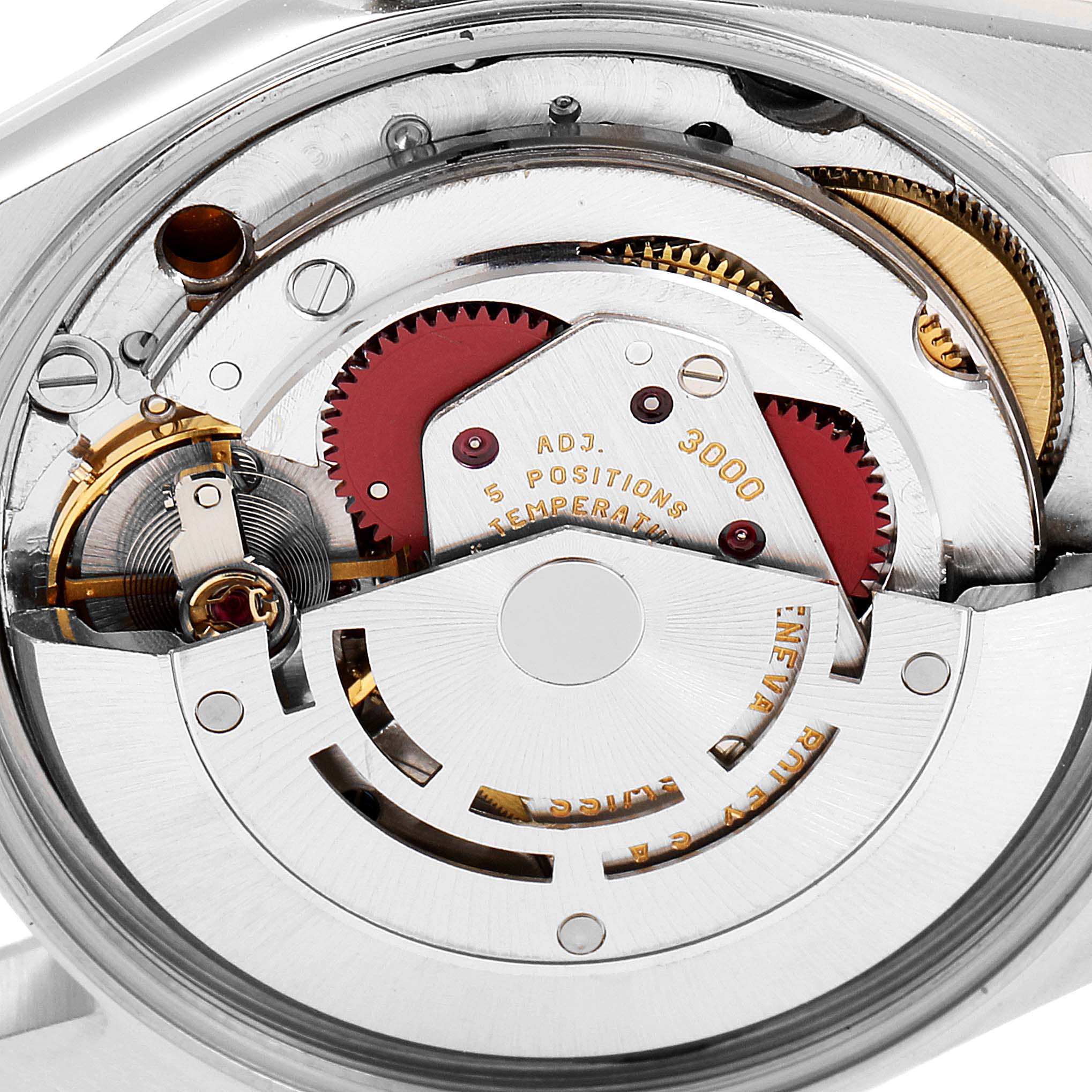 This image shows the internal mechanism of a Rolex Air-King 14000 Men's Stainless Steel Blue Dial 14000 Men's Stainless Steel Blue Dial watch viewed from the back, showcasing its gears and movement parts.