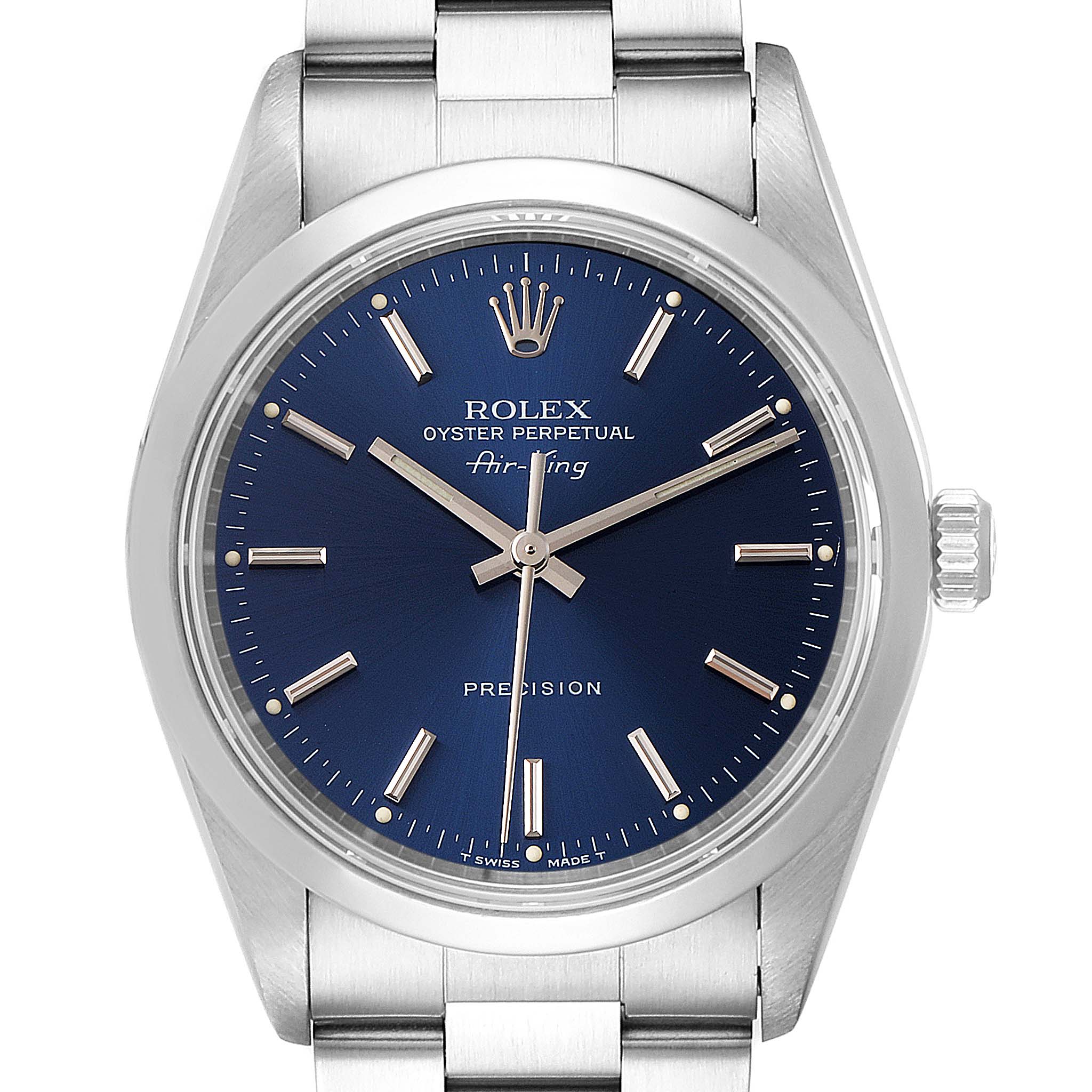 The image shows a front view of the Rolex Air-King 14000 Men's Stainless Steel Blue Dial 14000 Men's Stainless Steel Blue Dial watch, highlighting its dial, hour markers, hands, and metal bracelet.