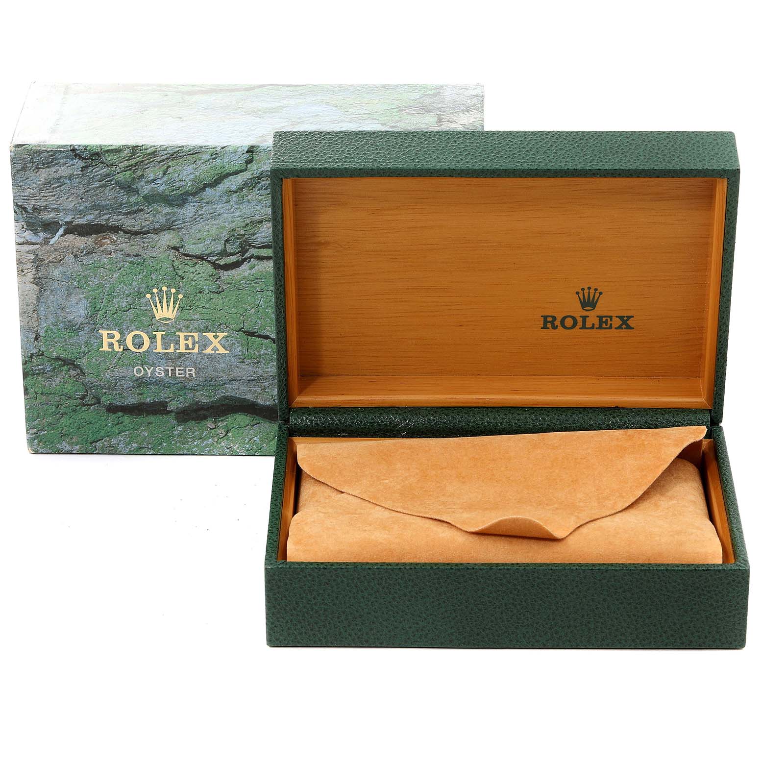 The image shows Rolex Air-King 14000 Men's Stainless Steel Blue Dial 14000 Men's Stainless Steel Blue Dial packaging, including a green textured box and golden interior with a wrapped item inside.
