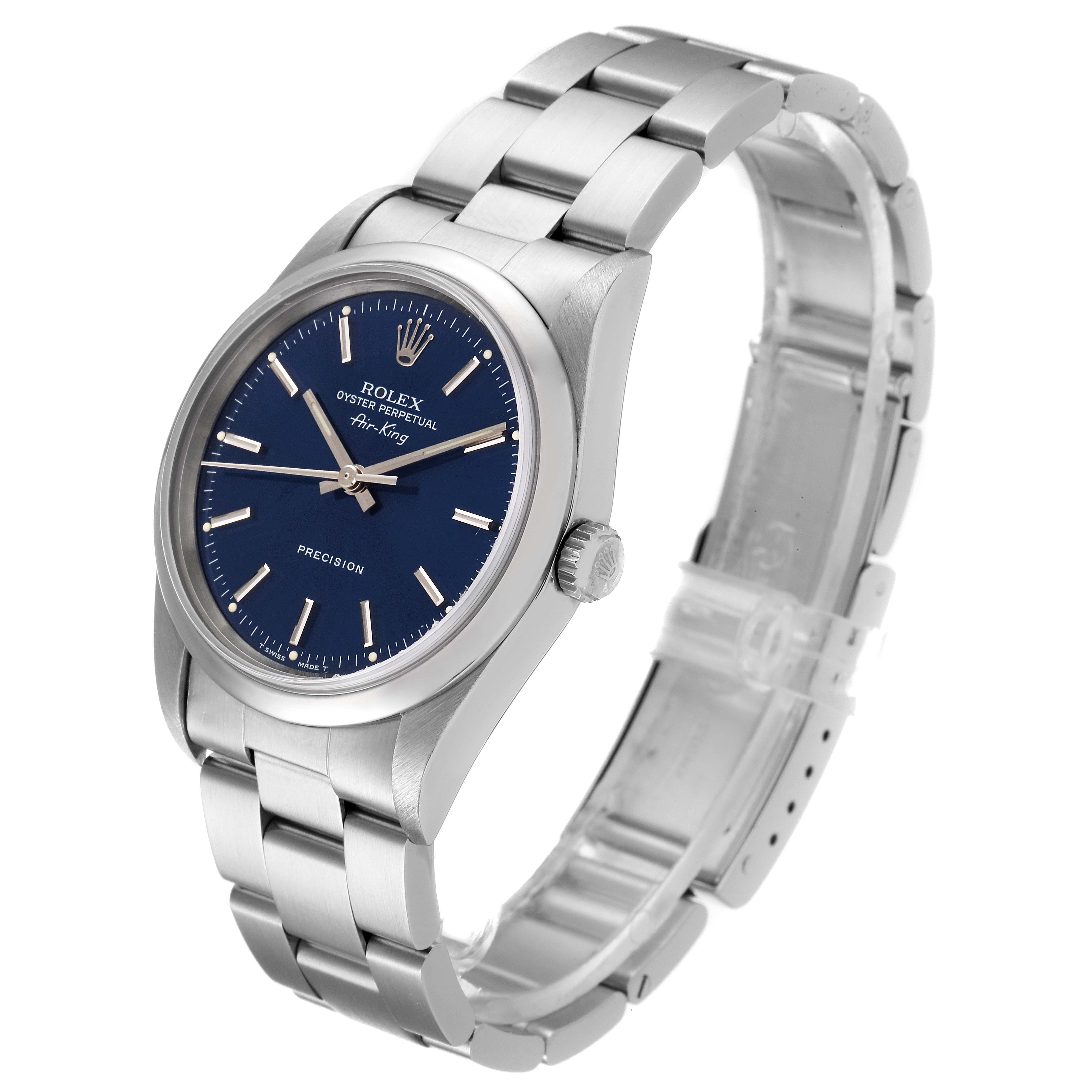 The image shows a Rolex Air-King 14000 Men's Stainless Steel Blue Dial 14000 Men's Stainless Steel Blue Dial watch from a side angle, highlighting its blue dial, stainless steel case, and bracelet.