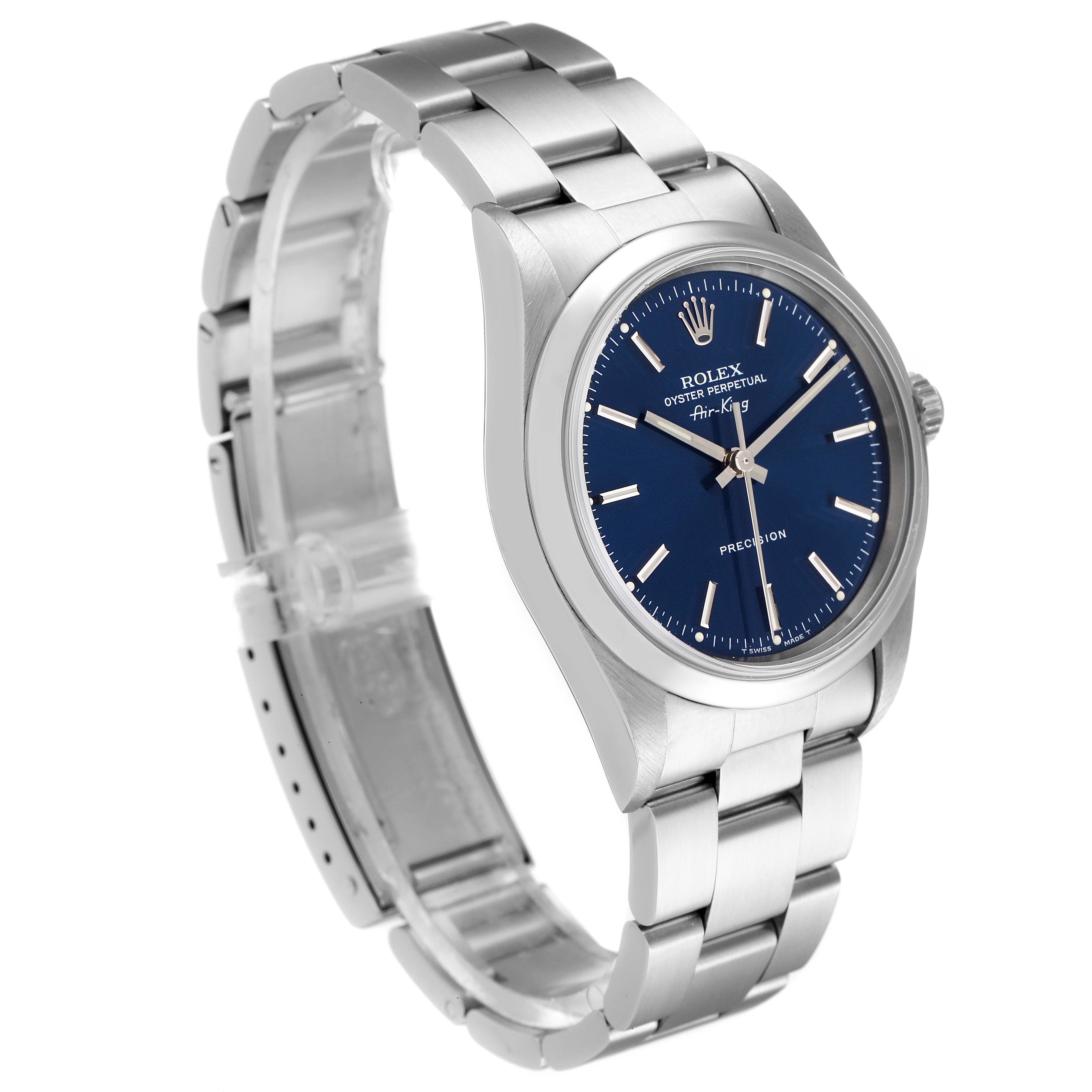 The image displays a Rolex Air-King 14000 Men's Stainless Steel Blue Dial 14000 Men's Stainless Steel Blue Dial watch at a three-quarter angle, showcasing its metal bracelet, blue dial, and crown.