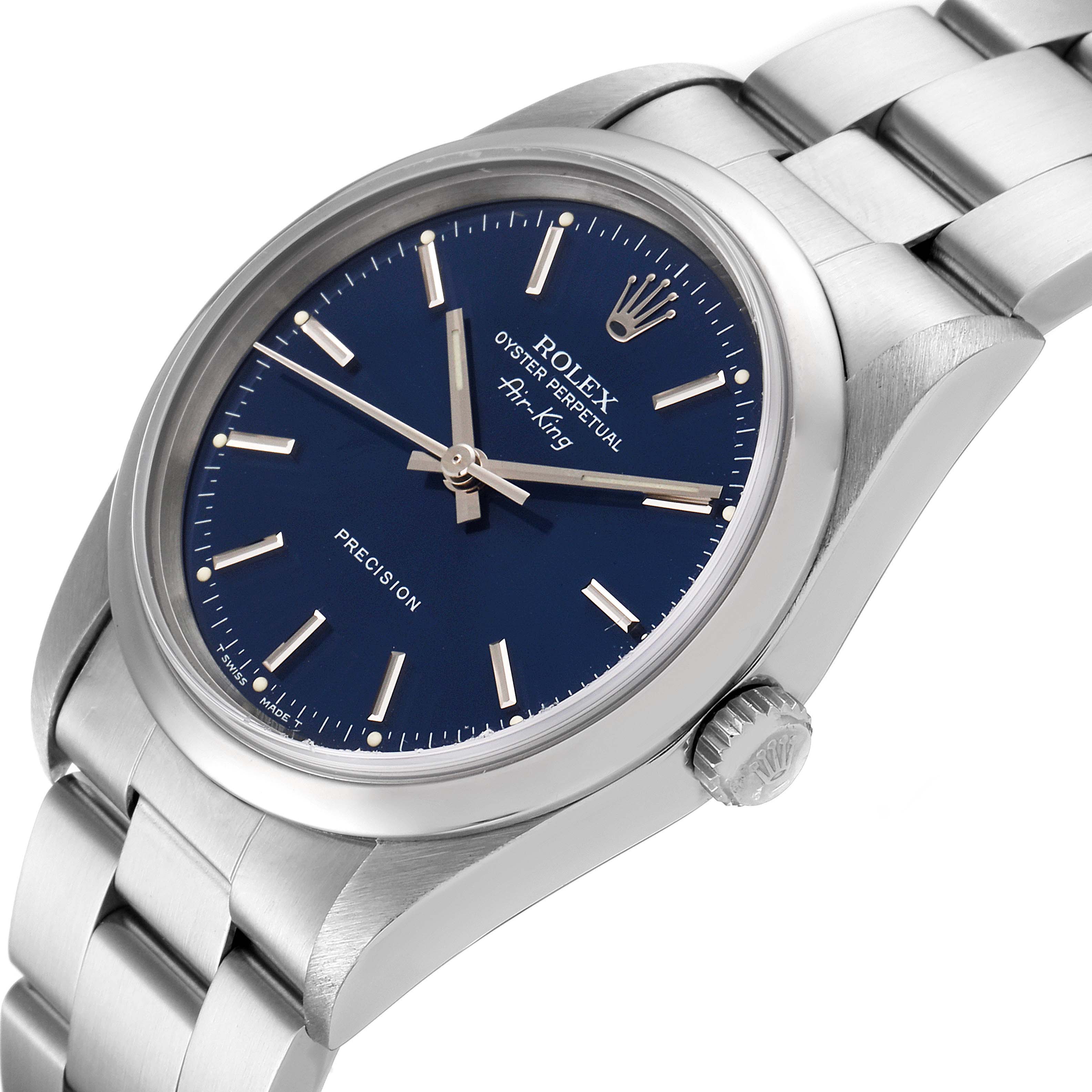 The image shows a Rolex Air-King 14000 Men's Stainless Steel Blue Dial 14000 Men's Stainless Steel Blue Dial watch at an angle highlighting the dial, crown, and part of the bracelet.