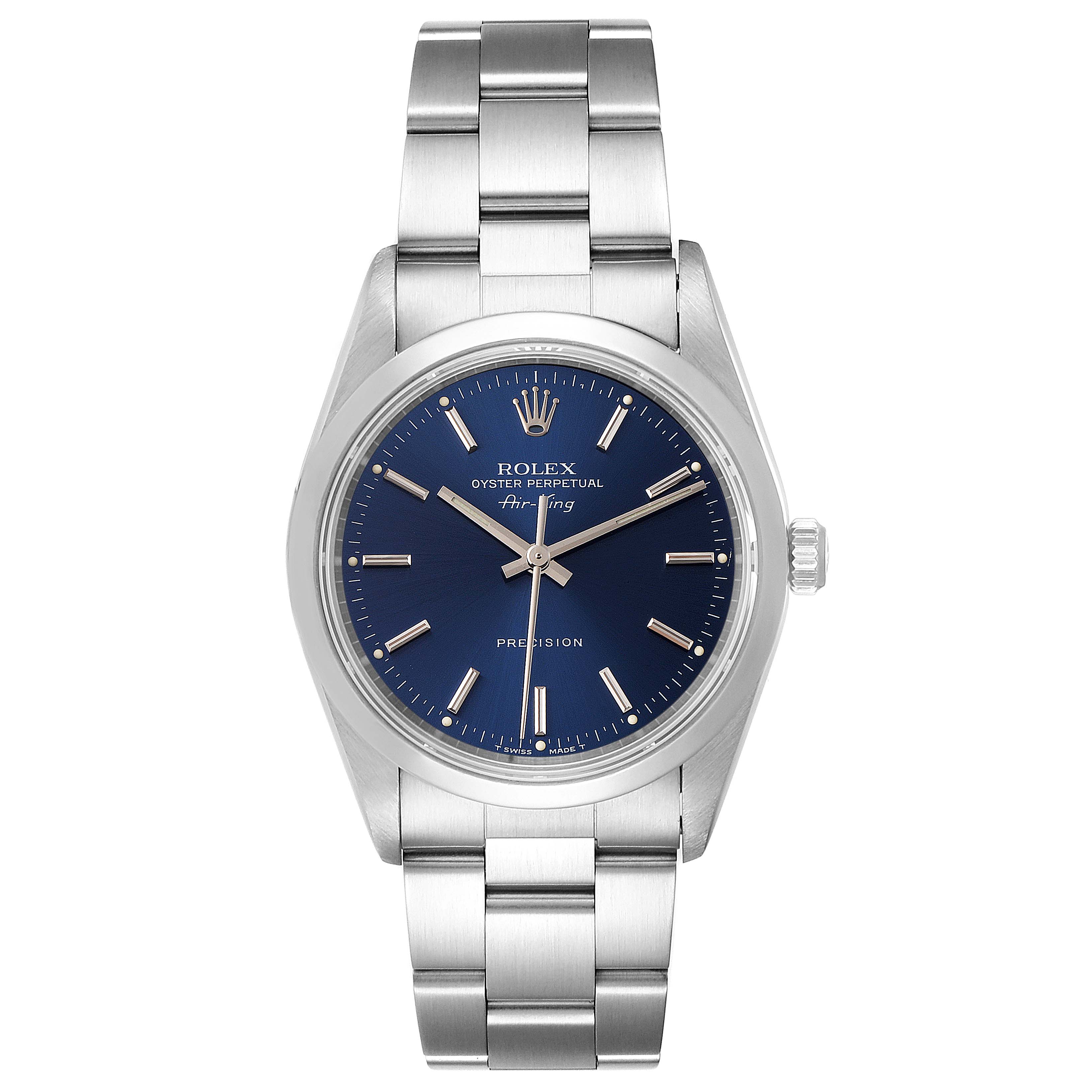 The image shows a front view of a Rolex Air-King 14000 Men's Stainless Steel Blue Dial 14000 Men's Stainless Steel Blue Dial watch, highlighting the blue dial, silver hands, and stainless steel bracelet.