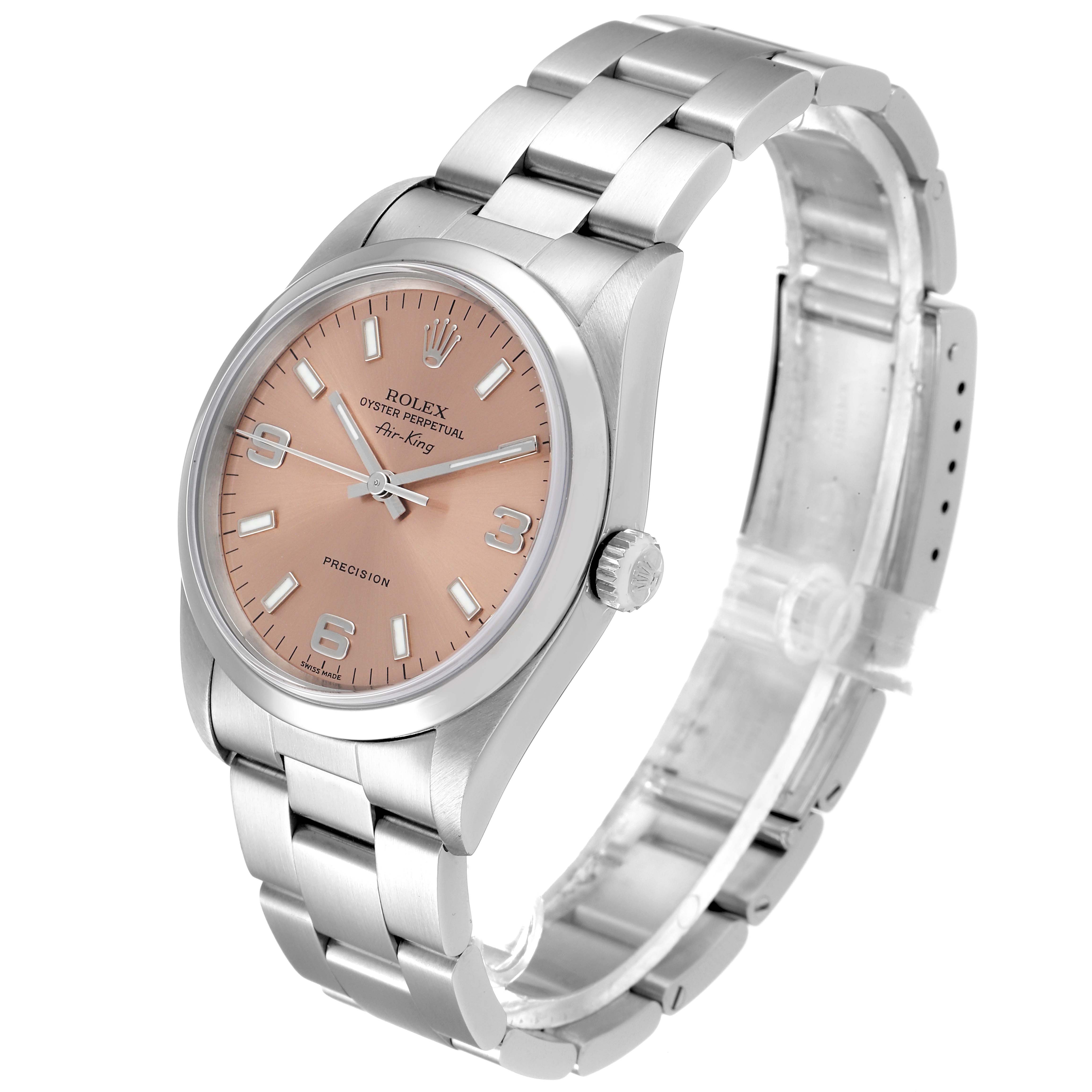 The Rolex Air-King 14000 Men's Stainless Steel Pink Dial 14000 Men's Stainless Steel Pink Dial watch is shown in a three-quarter view, displaying the dial, bezel, case, and bracelet.