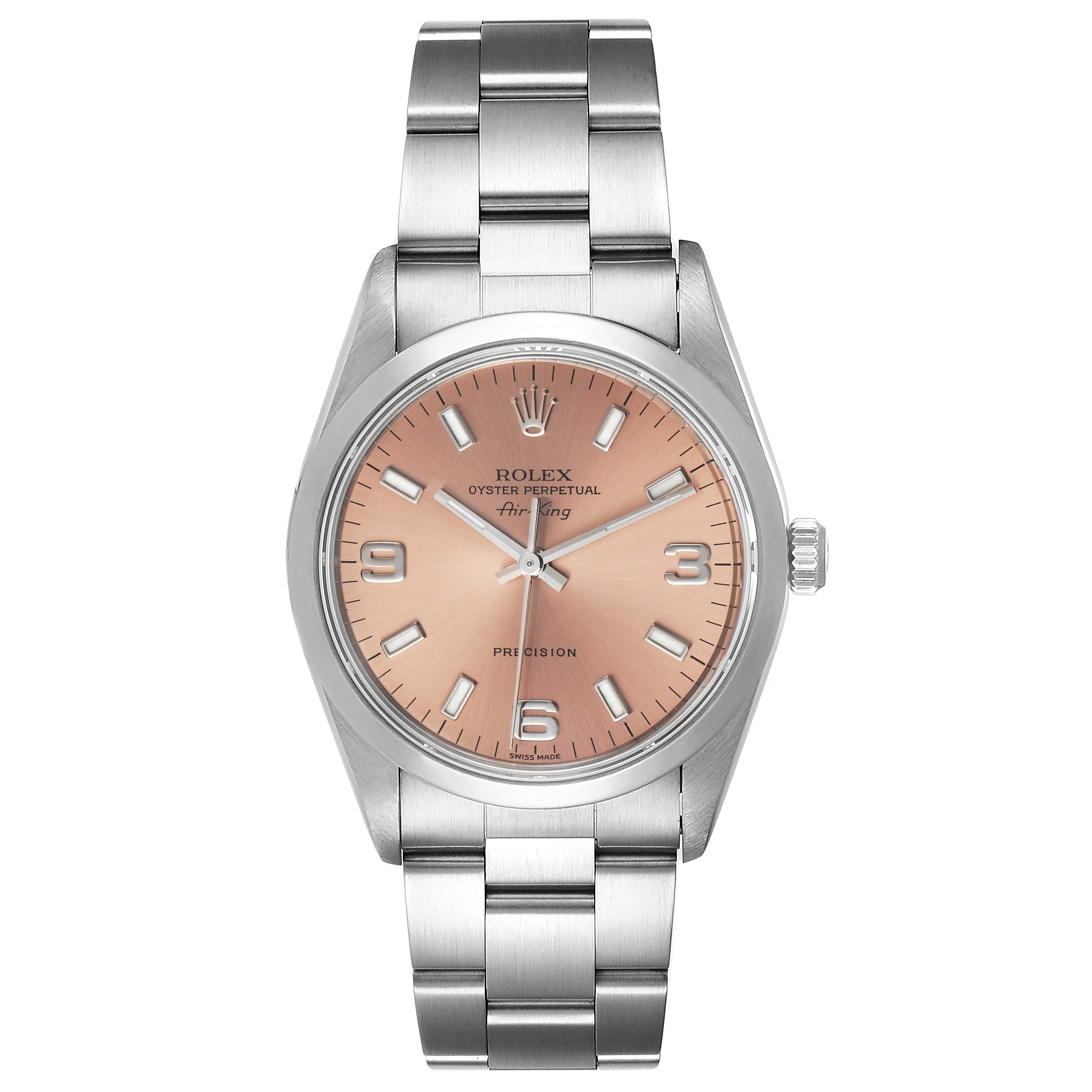 The image shows a front view of a Rolex Air-King 14000 Men's Stainless Steel Pink Dial 14000 Men's Stainless Steel Pink Dial watch, featuring its dial, hands, bracelet, and crown.