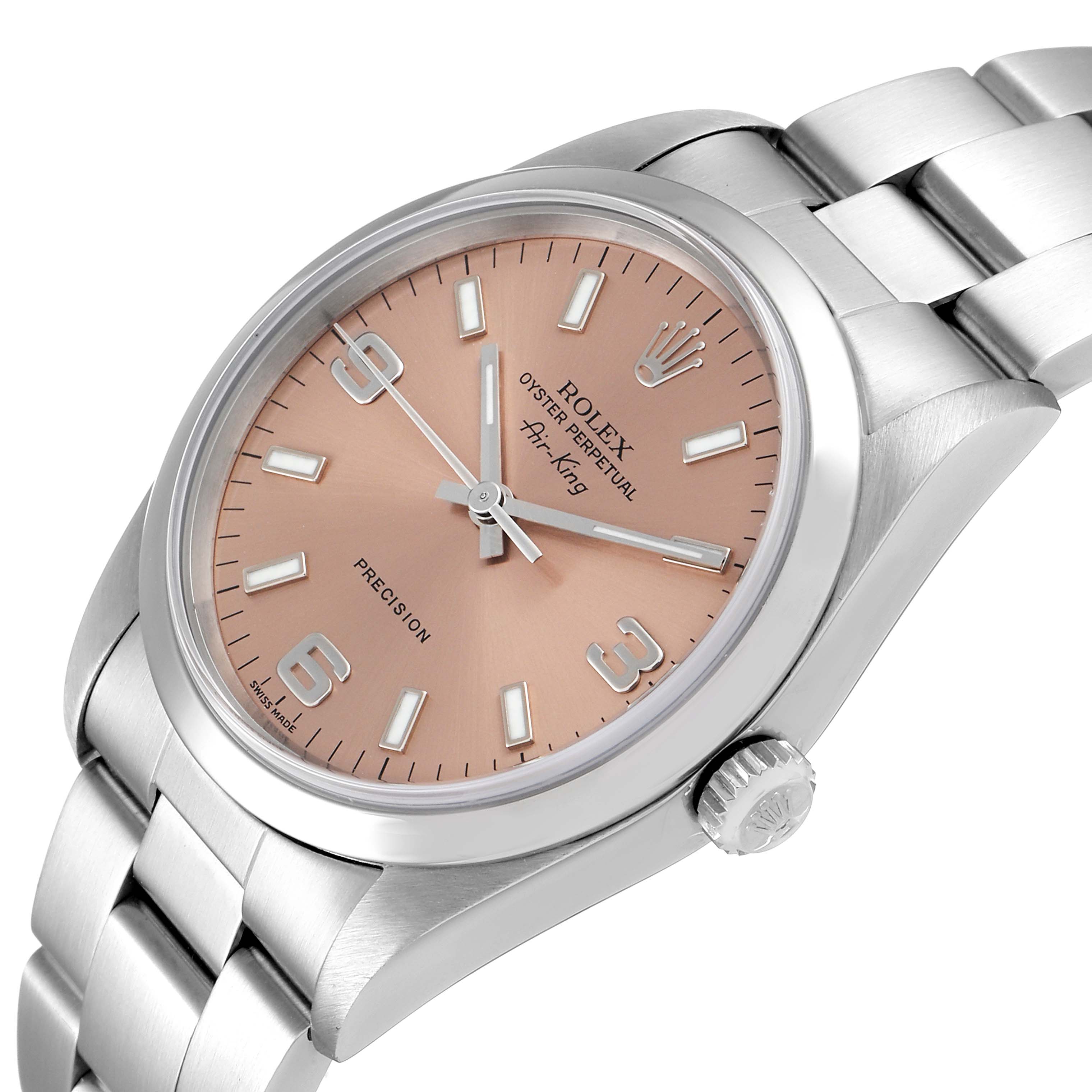 The Rolex Air-King 14000 Men's Stainless Steel Pink Dial 14000 Men's Stainless Steel Pink Dial watch is shown at a slight angle, highlighting the face, crown, and part of the bracelet.