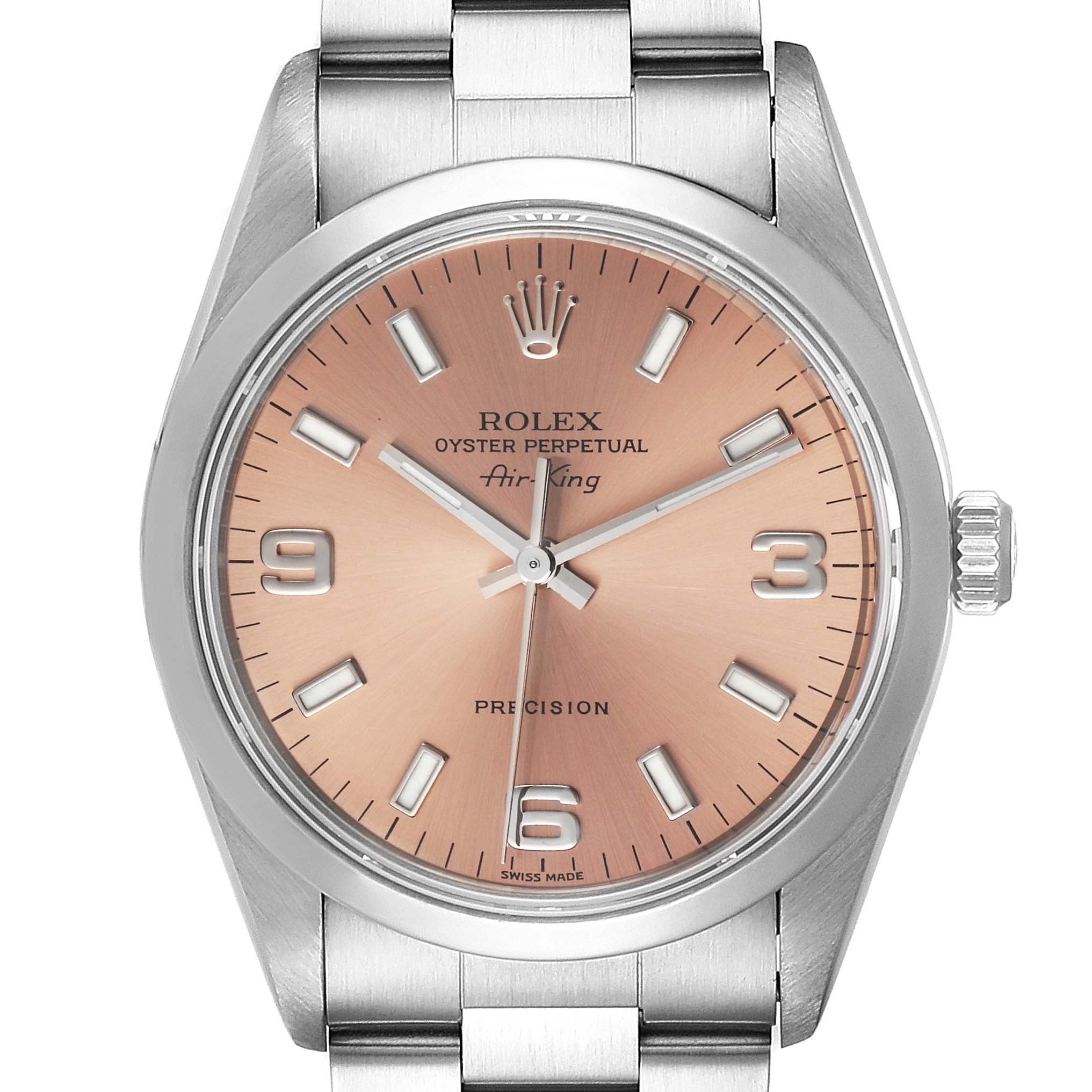 The image shows a front view of a Rolex Air-King 14000 Men's Stainless Steel Pink Dial 14000 Men's Stainless Steel Pink Dial watch, highlighting its face, bezel, crown, and part of the bracelet.