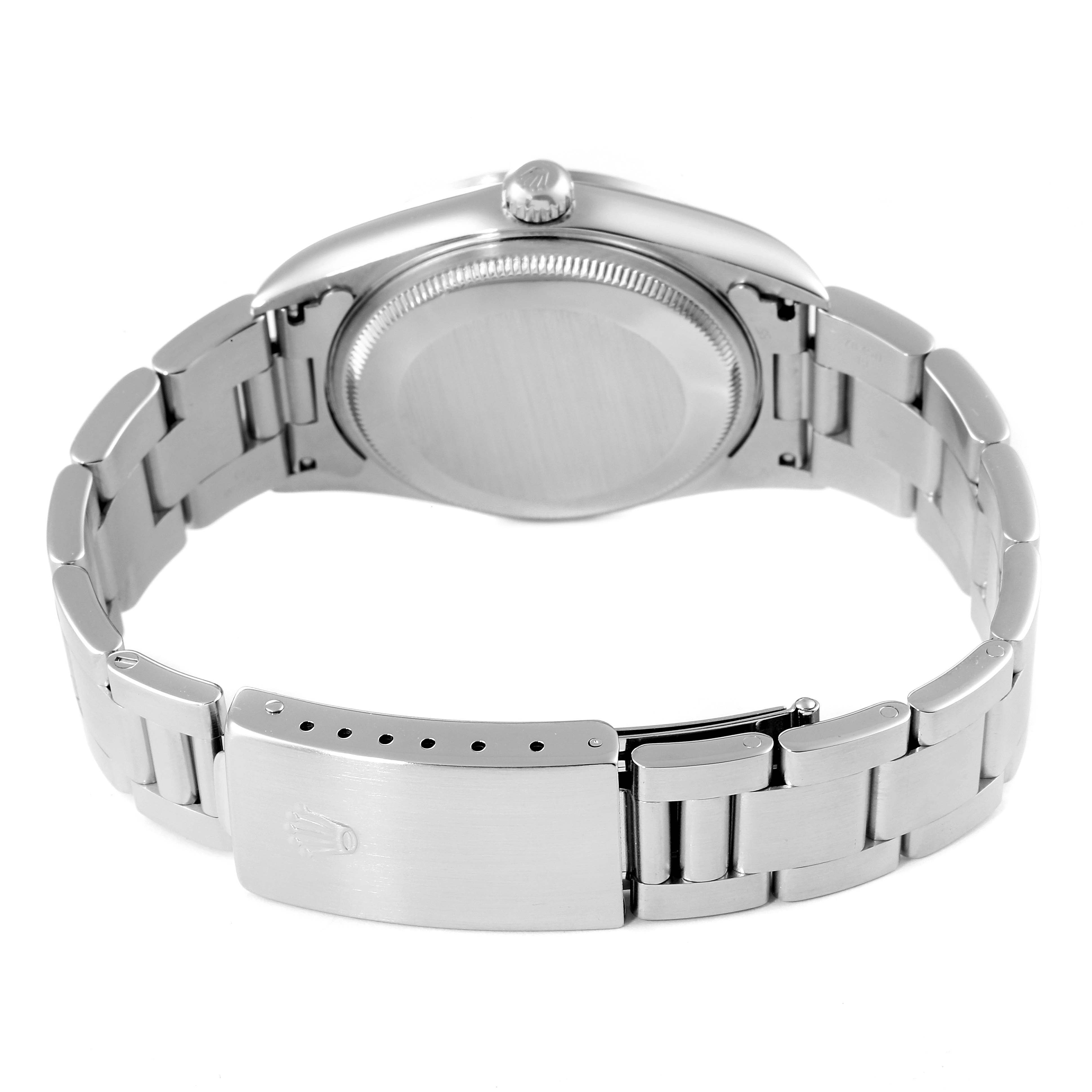 The image shows the back and clasp of a Rolex Air-King 14000 Men's Stainless Steel Pink Dial 14000 Men's Stainless Steel Pink Dial watch, highlighting the bracelet links and crown.