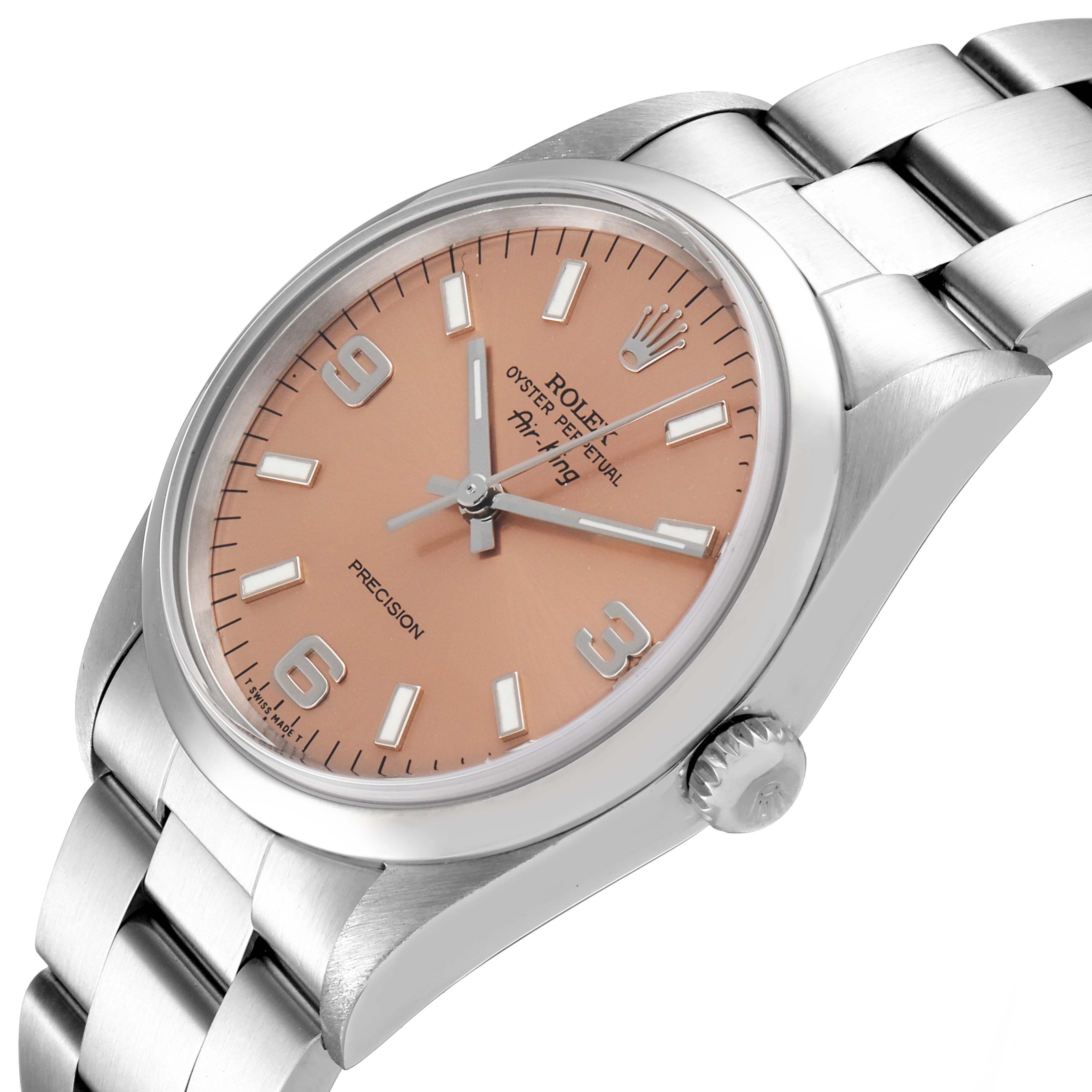The image shows a close-up, angled view of the Rolex Air-King 14000 Men's Stainless Steel Pink Dial 14000 Men's Stainless Steel Pink Dial watch, highlighting the dial, bezel, case, and a section of the bracelet.