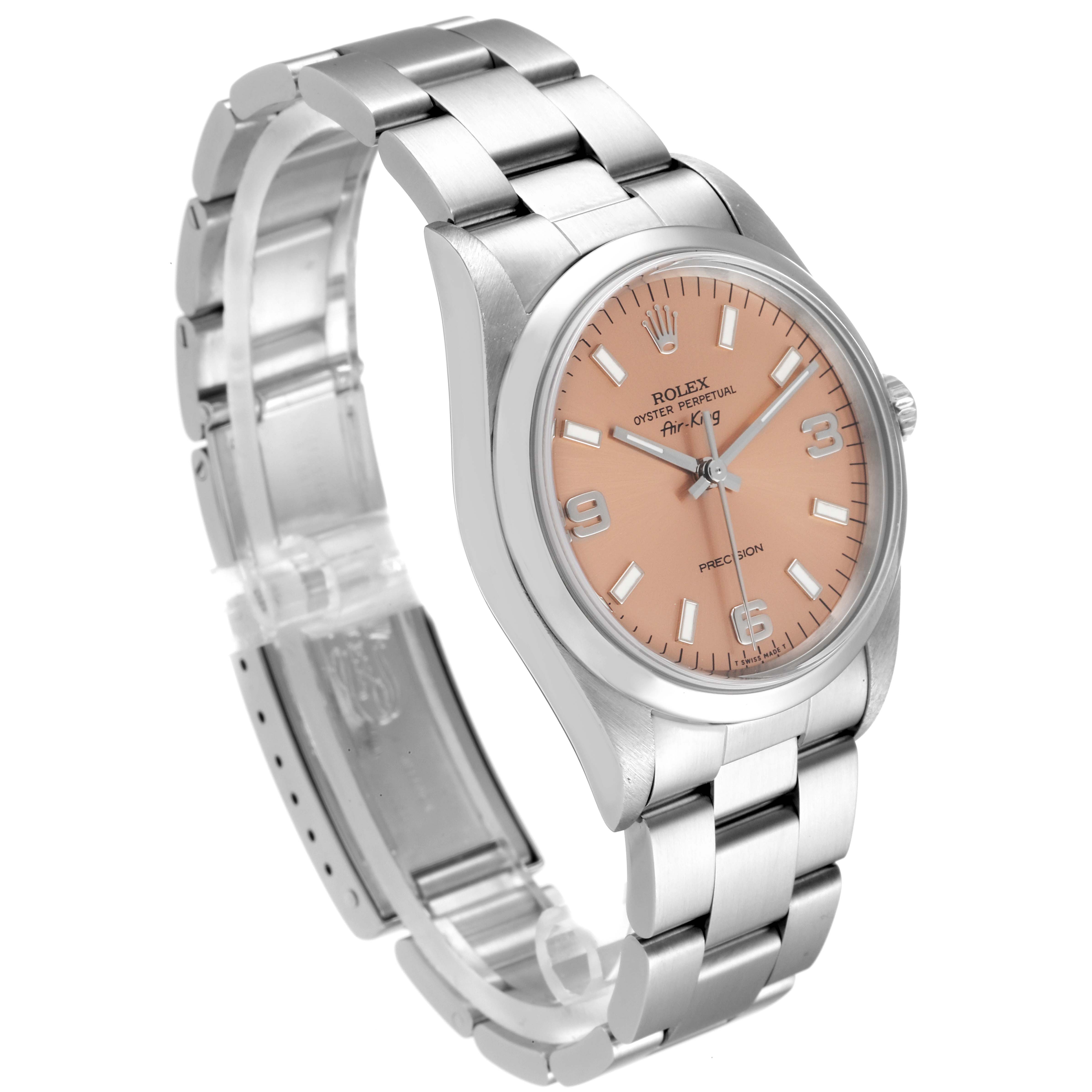 The image shows a Rolex Air-King 14000 Men's Stainless Steel Pink Dial 14000 Men's Stainless Steel Pink Dial watch at a three-quarter angle, featuring its face, bezel, case, and bracelet.