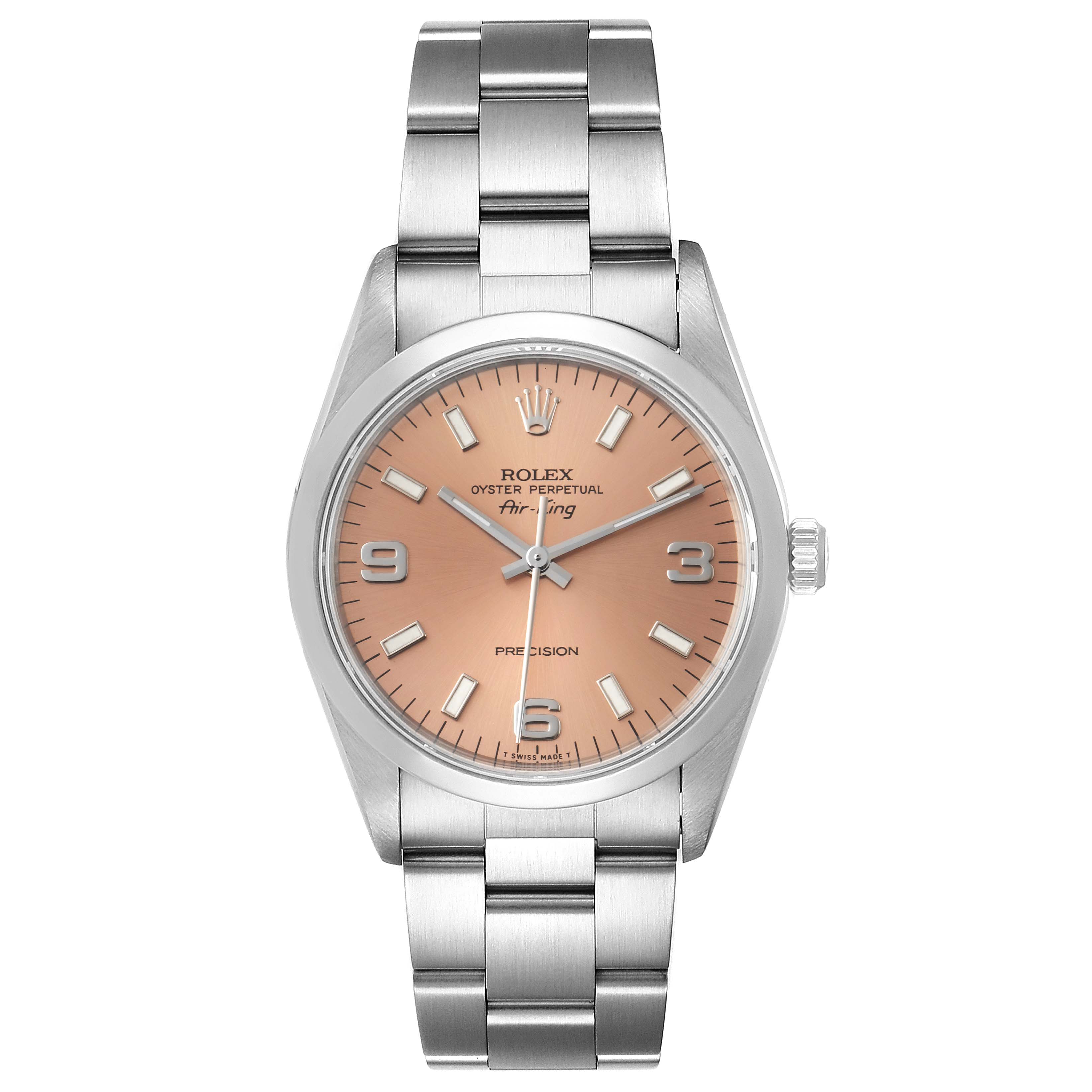 The image shows a front view of a Rolex Air-King 14000 Men's Stainless Steel Pink Dial 14000 Men's Stainless Steel Pink Dial watch, displaying its face, hands, numerals, and stainless steel bracelet.