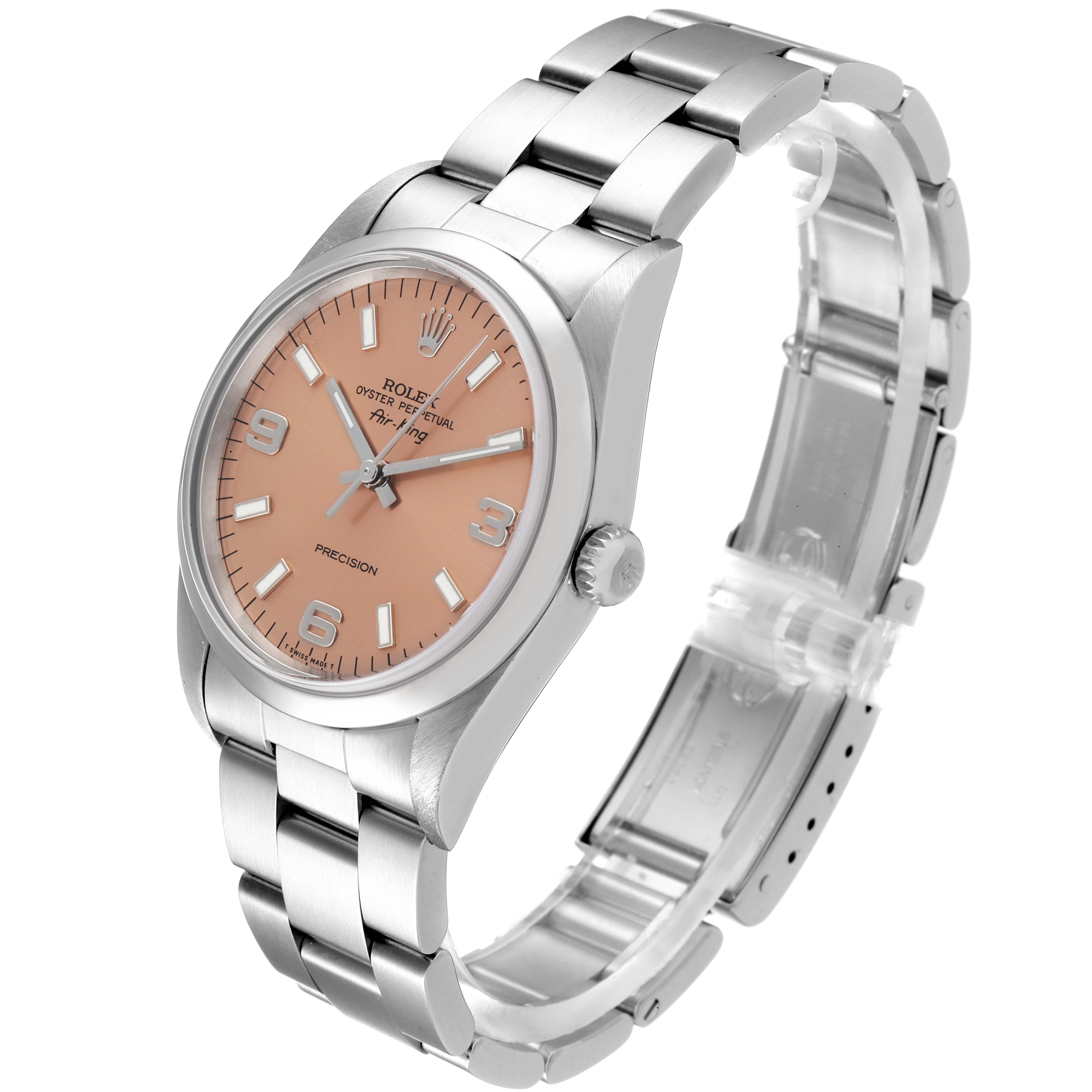 The Rolex Air-King 14000 Men's Stainless Steel Pink Dial 14000 Men's Stainless Steel Pink Dial watch is shown at a slight angle, highlighting the dial, crown, and bracelet.