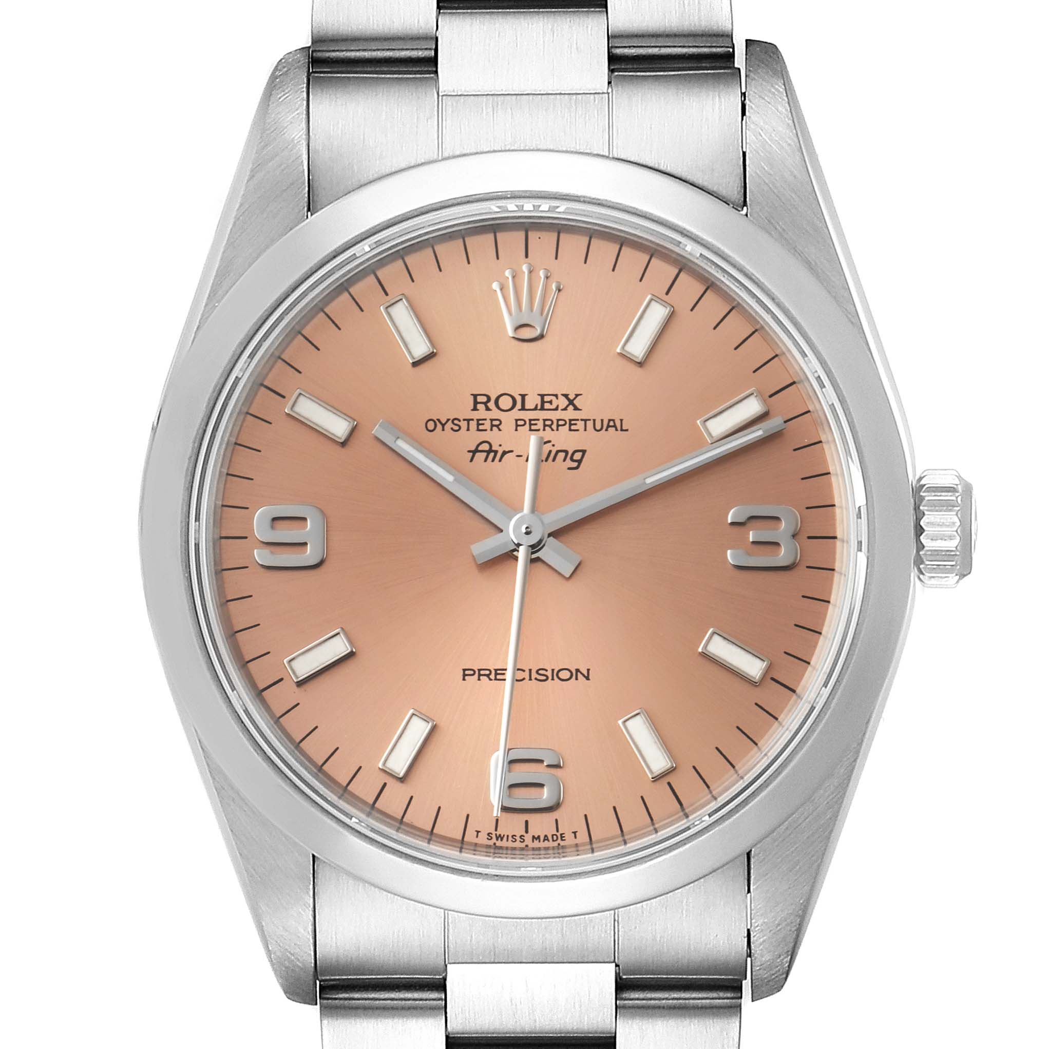 The image shows a frontal view of a Rolex Air-King 14000 Men's Stainless Steel Pink Dial 14000 Men's Stainless Steel Pink Dial watch, highlighting its face, bezel, and bracelet.