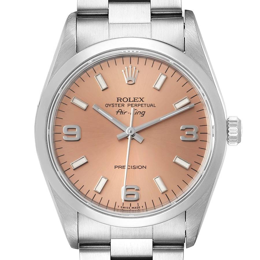Rolex Air King 34 Salmon Baton Dial Domed Bezel Steel Mens Watch 14000 SwissWatchExpo