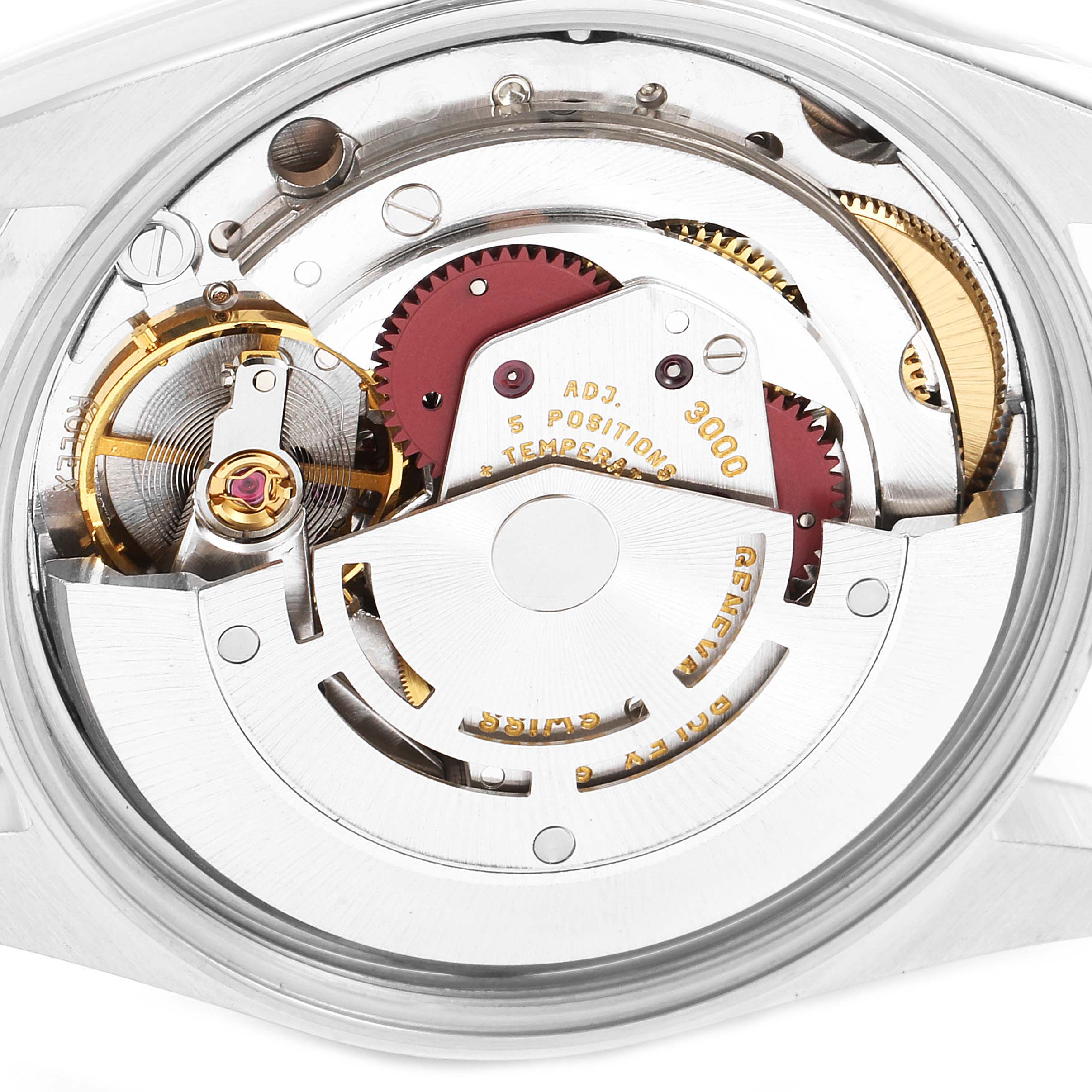 This image shows a close-up view of the inner mechanical movement of a Rolex Air-King 14000 Men's Stainless Steel Pink Dial 14000 Men's Stainless Steel Pink Dial model watch.