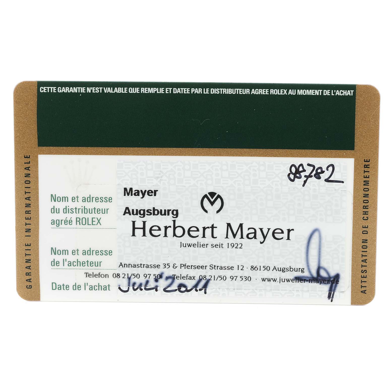 This image shows the warranty card for the Rolex Air-King 114200 Men's Stainless Steel Pink Dial 114200 Men's Stainless Steel Pink Dial watch model from the distributor Herbert Mayer.