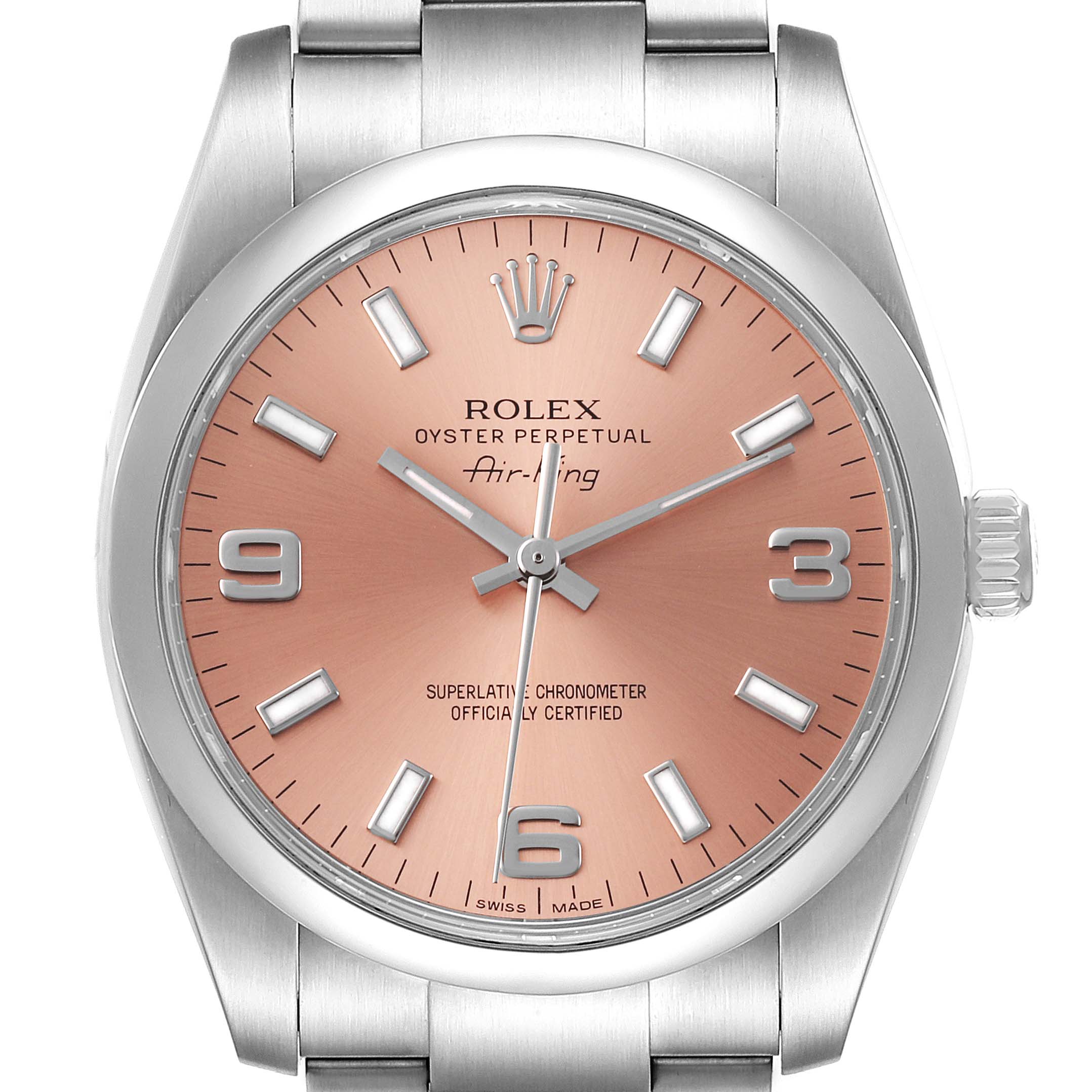 This image shows a front view of a Rolex Air-King 114200 Men's Stainless Steel Pink Dial 114200 Men's Stainless Steel Pink Dial watch, highlighting the dial, hands, and bracelet.