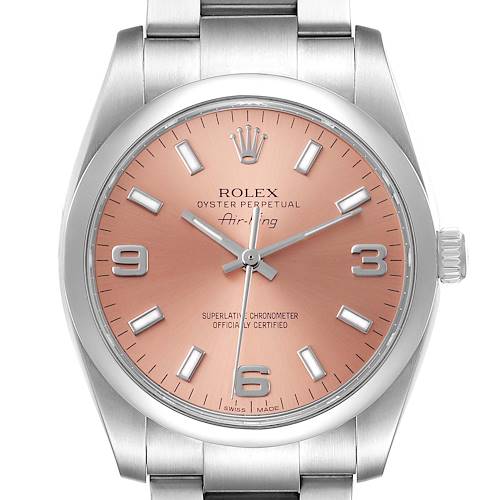 Photo of Rolex Air King 34 Salmon Dial Smooth Bezel Unisex Watch 114200 Box Card