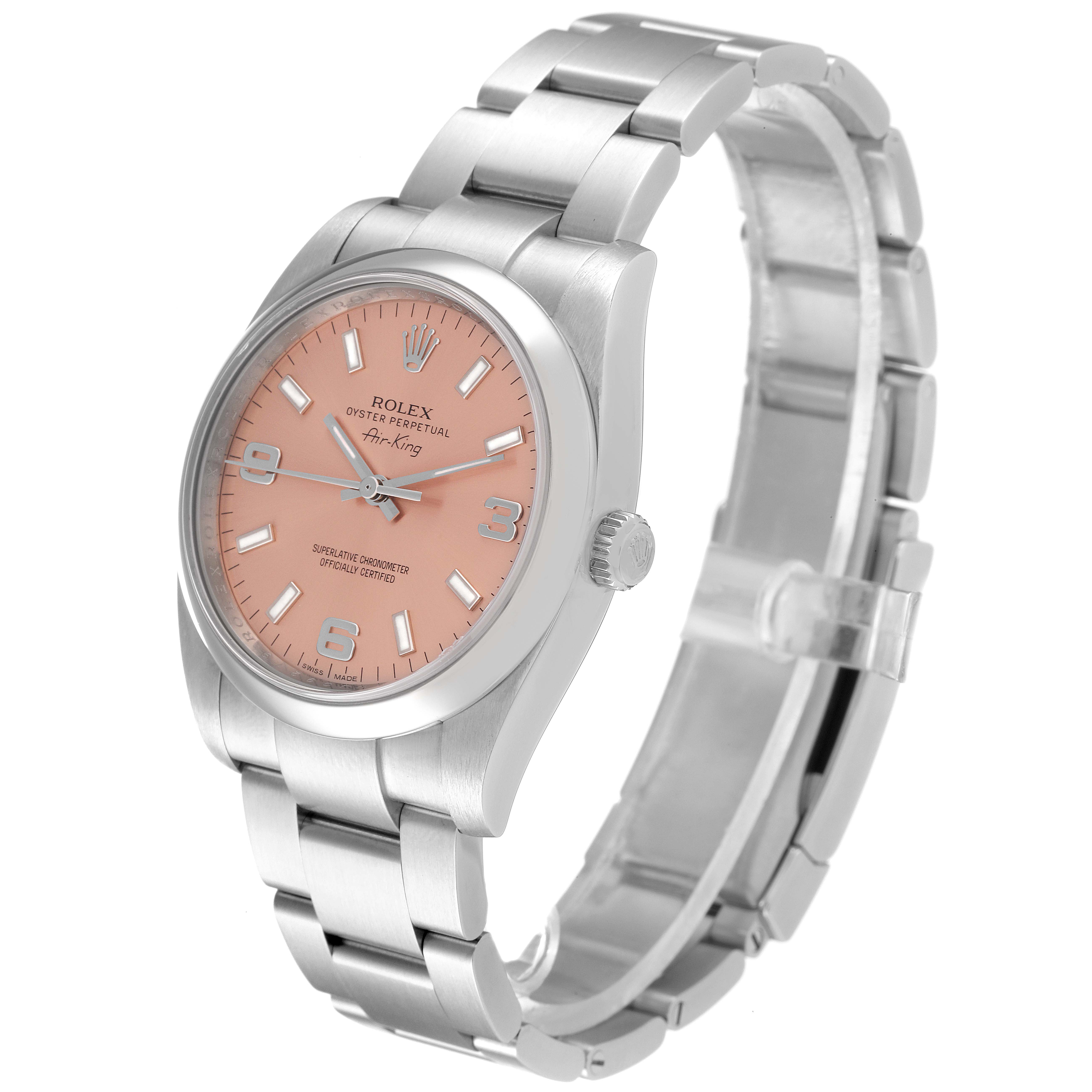 This is a side angle shot of the Rolex Air-King 114200 Men's Stainless Steel Pink Dial 114200 Men's Stainless Steel Pink Dial watch, showing the face, case, crown, and bracelet.