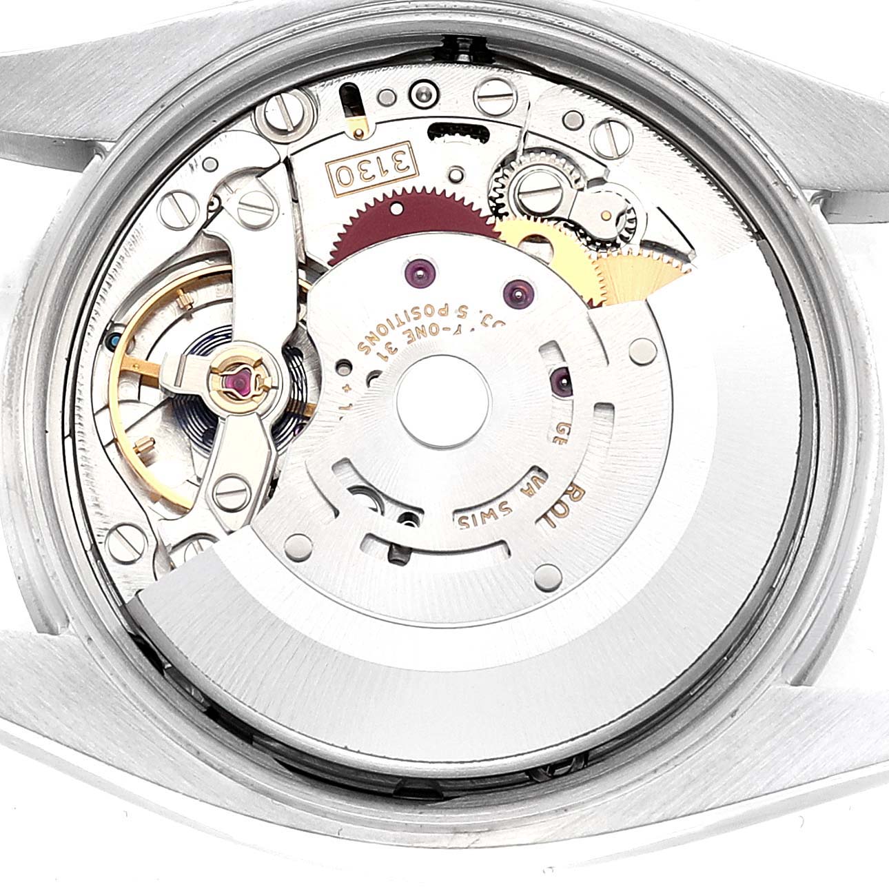 This is a close-up view of the internal movement mechanism of a Rolex Air-King 114200 Men's Stainless Steel Pink Dial 114200 Men's Stainless Steel Pink Dial watch.