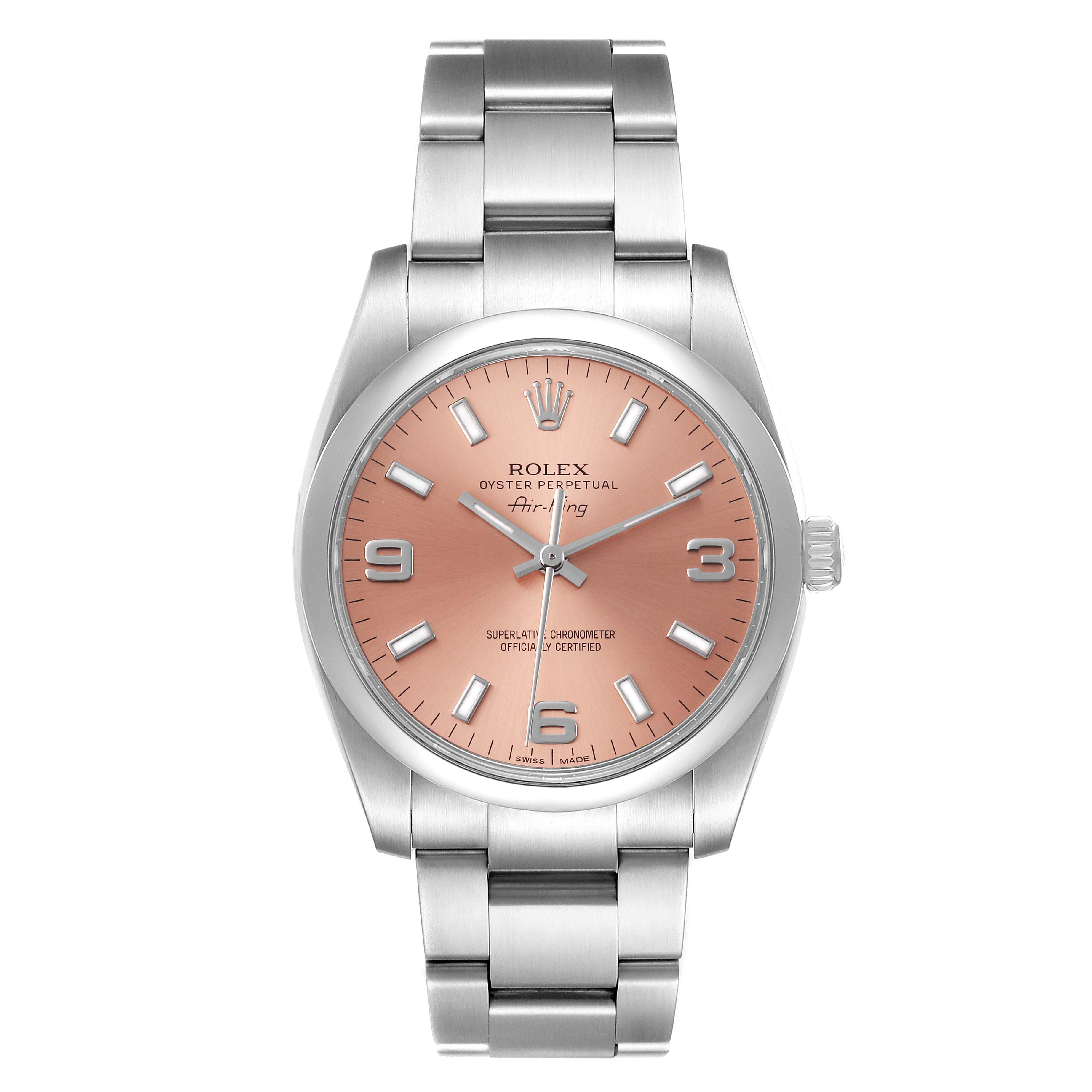This image shows a front view of the Rolex Air-King 114200 Men's Stainless Steel Pink Dial 114200 Men's Stainless Steel Pink Dial watch, highlighting its face, bracelet, and crown.