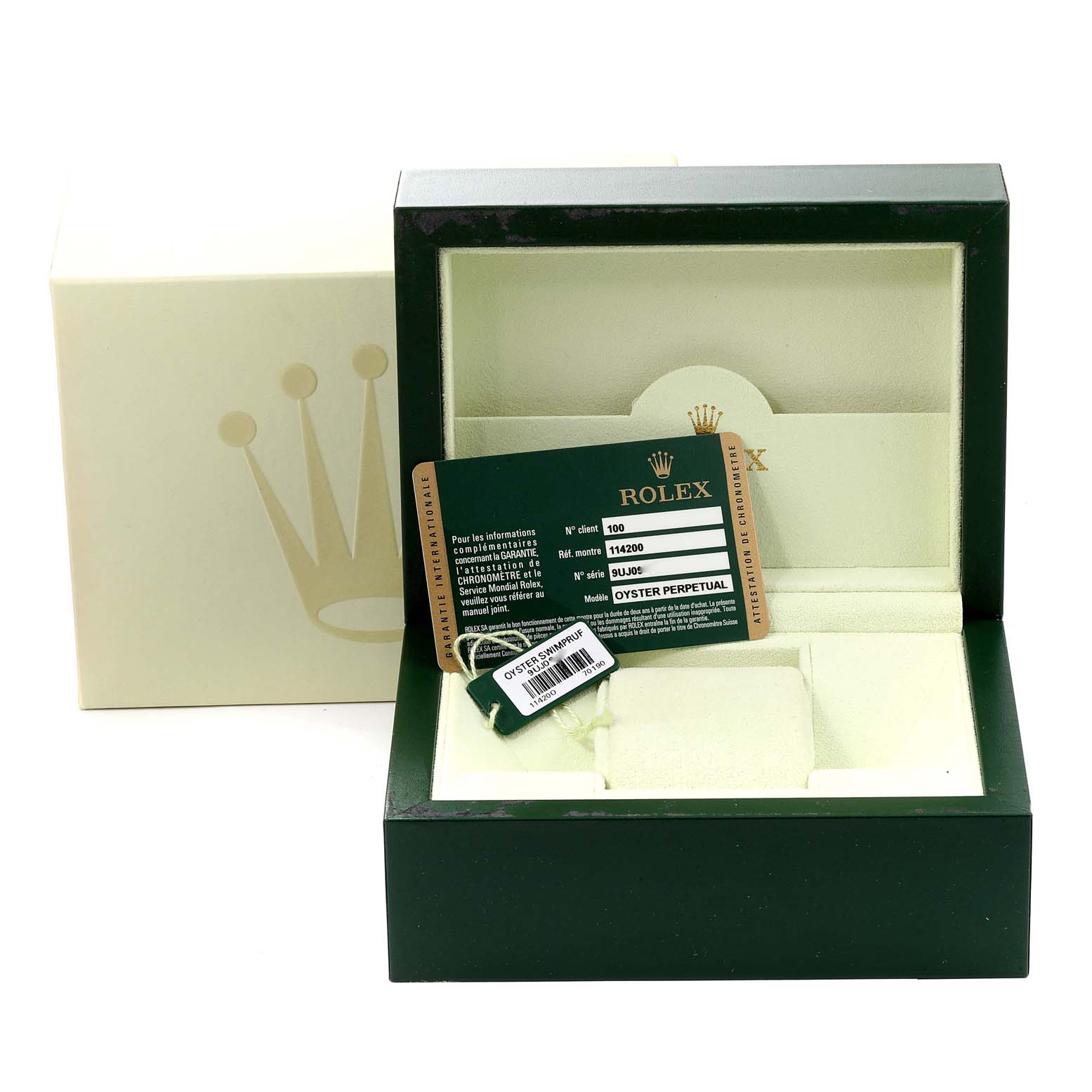 The image shows the packaging and accessories of a Rolex Air-King 114200 Men's Stainless Steel Pink Dial 114200 Men's Stainless Steel Pink Dial watch, including the box, cushion, and certification card.