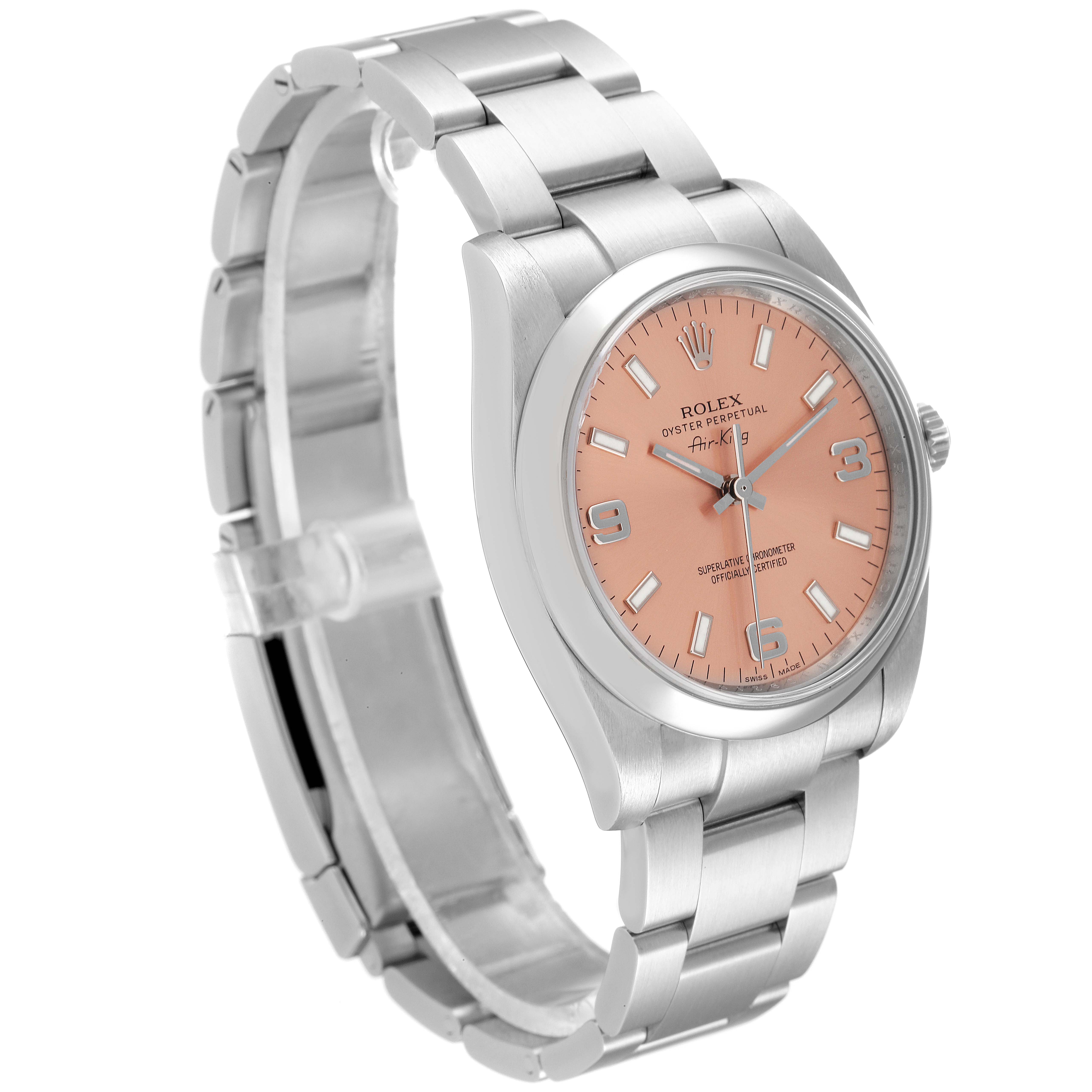 The image shows a Rolex Air-King 114200 Men's Stainless Steel Pink Dial 114200 Men's Stainless Steel Pink Dial watch at a three-quarter angle, highlighting its bracelet and pink dial.