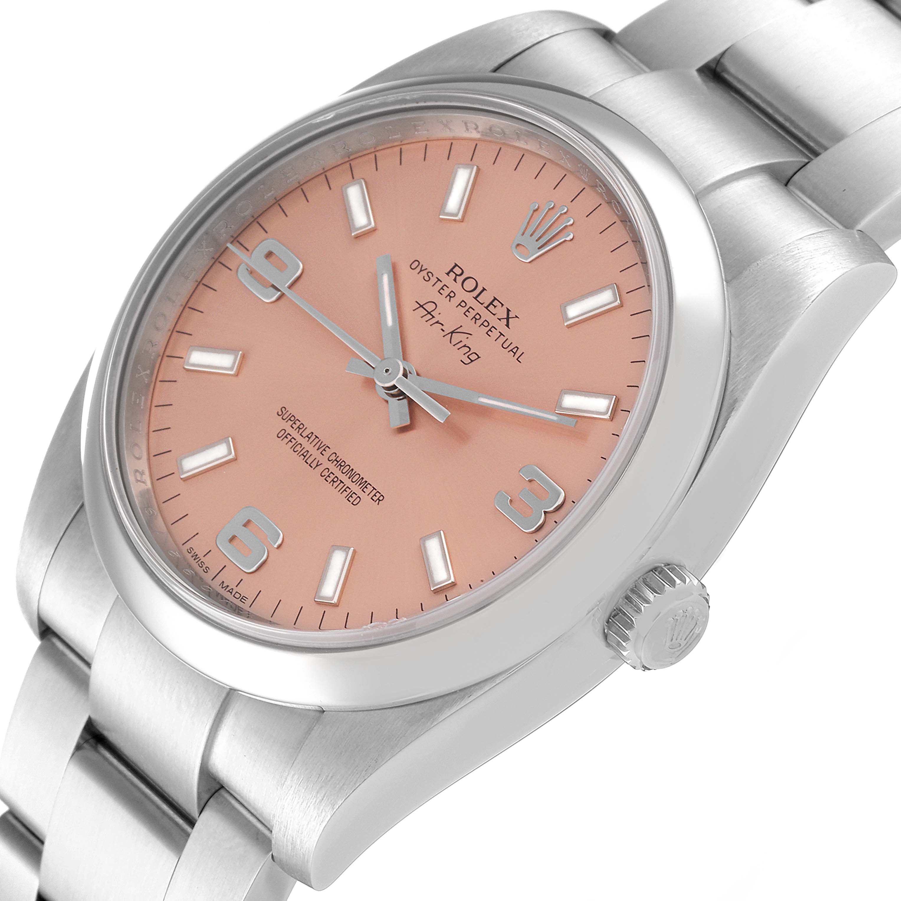 The image shows a Rolex Air-King 114200 Men's Stainless Steel Pink Dial 114200 Men's Stainless Steel Pink Dial watch at an angled view, highlighting the dial, crown, and part of the bracelet.