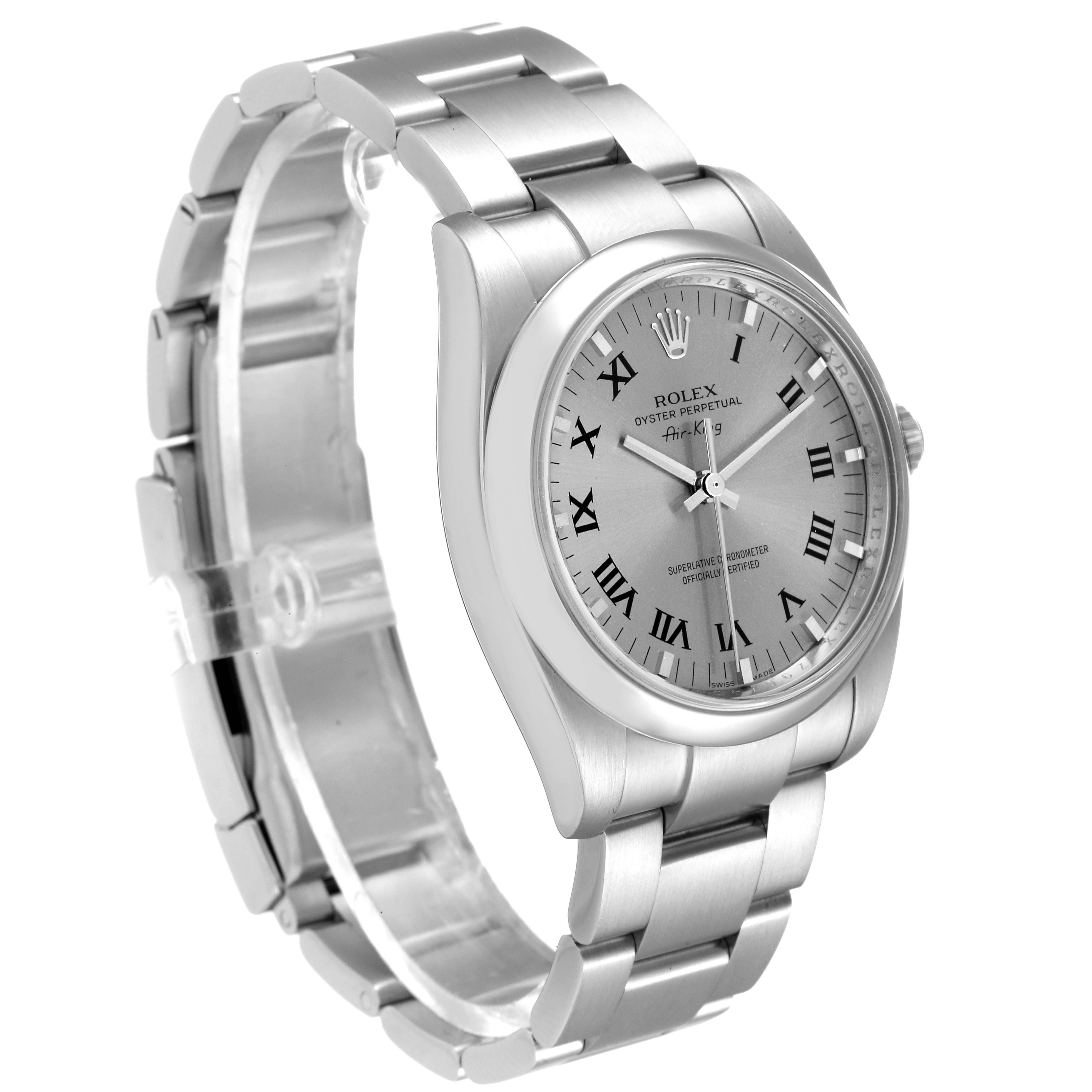 The image shows a Rolex Air-King 114200 Men's Stainless Steel Grey Dial 114200 Men's Stainless Steel Grey Dial watch from a front angle, clearly displaying the face, bezel, and part of the metal bracelet.