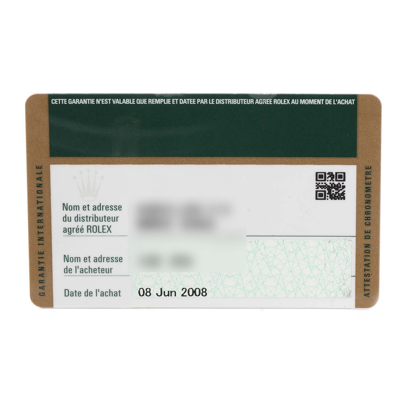 This image shows a Rolex Air-King 114200 Men's Stainless Steel Grey Dial 114200 Men's Stainless Steel Grey Dial warranty card detailing the distributor and purchase date.