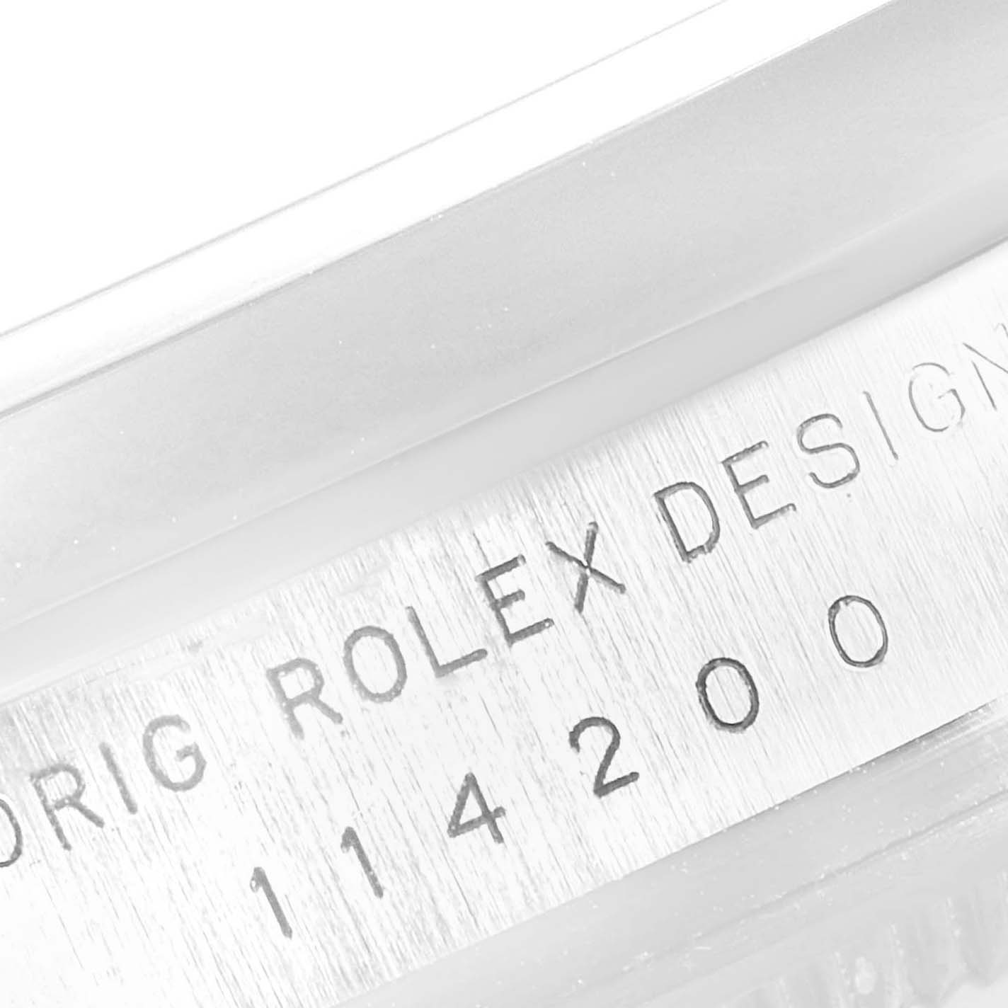 This close-up image shows the engraved model number and design details on the Air-King by Rolex.