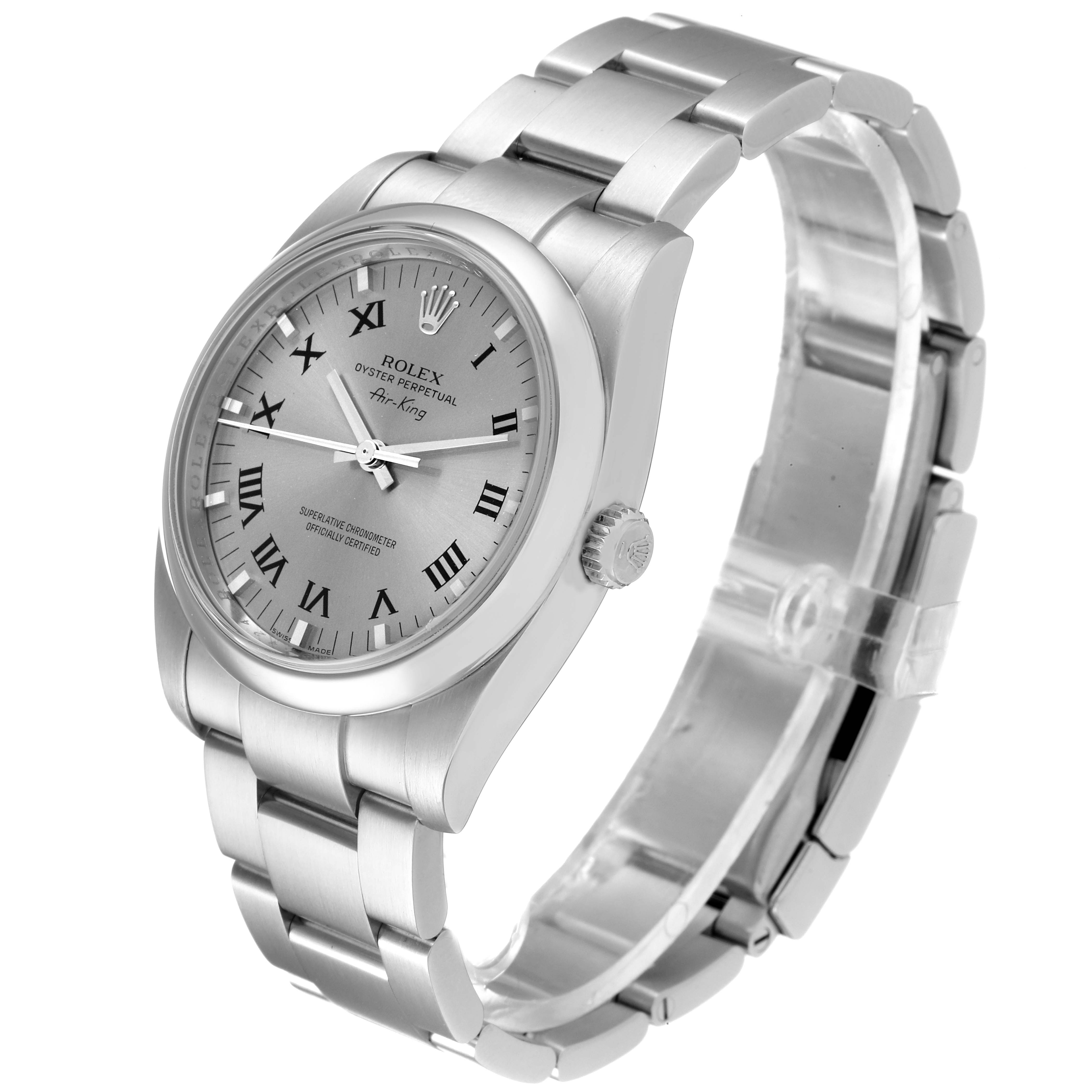 The image shows a Rolex Air-King 114200 Men's Stainless Steel Grey Dial 114200 Men's Stainless Steel Grey Dial watch at an angle highlighting the face, crown, and part of the bracelet.
