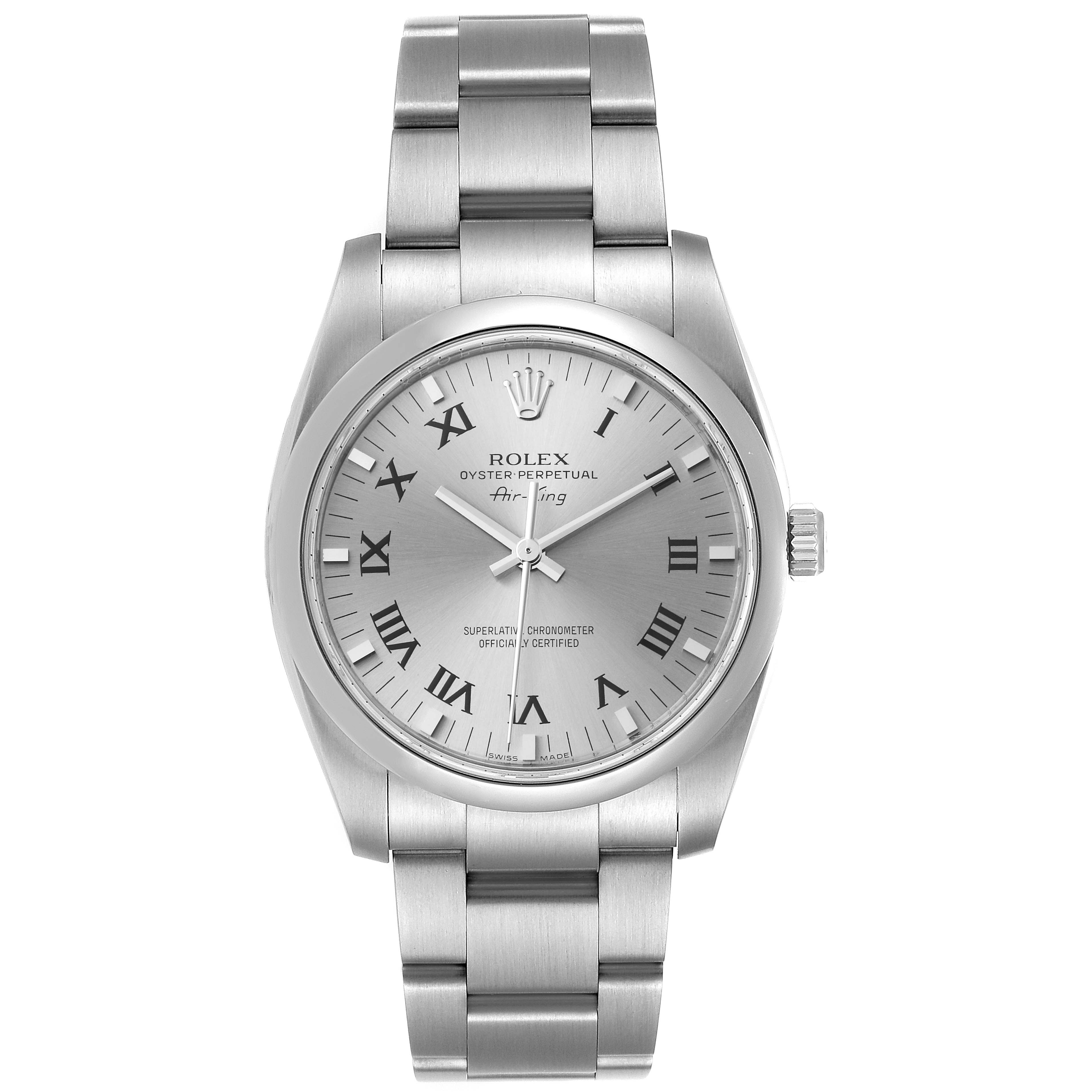 The image shows a front view of a Rolex Air-King 114200 Men's Stainless Steel Grey Dial 114200 Men's Stainless Steel Grey Dial watch, highlighting its dial, bezel, and bracelet.