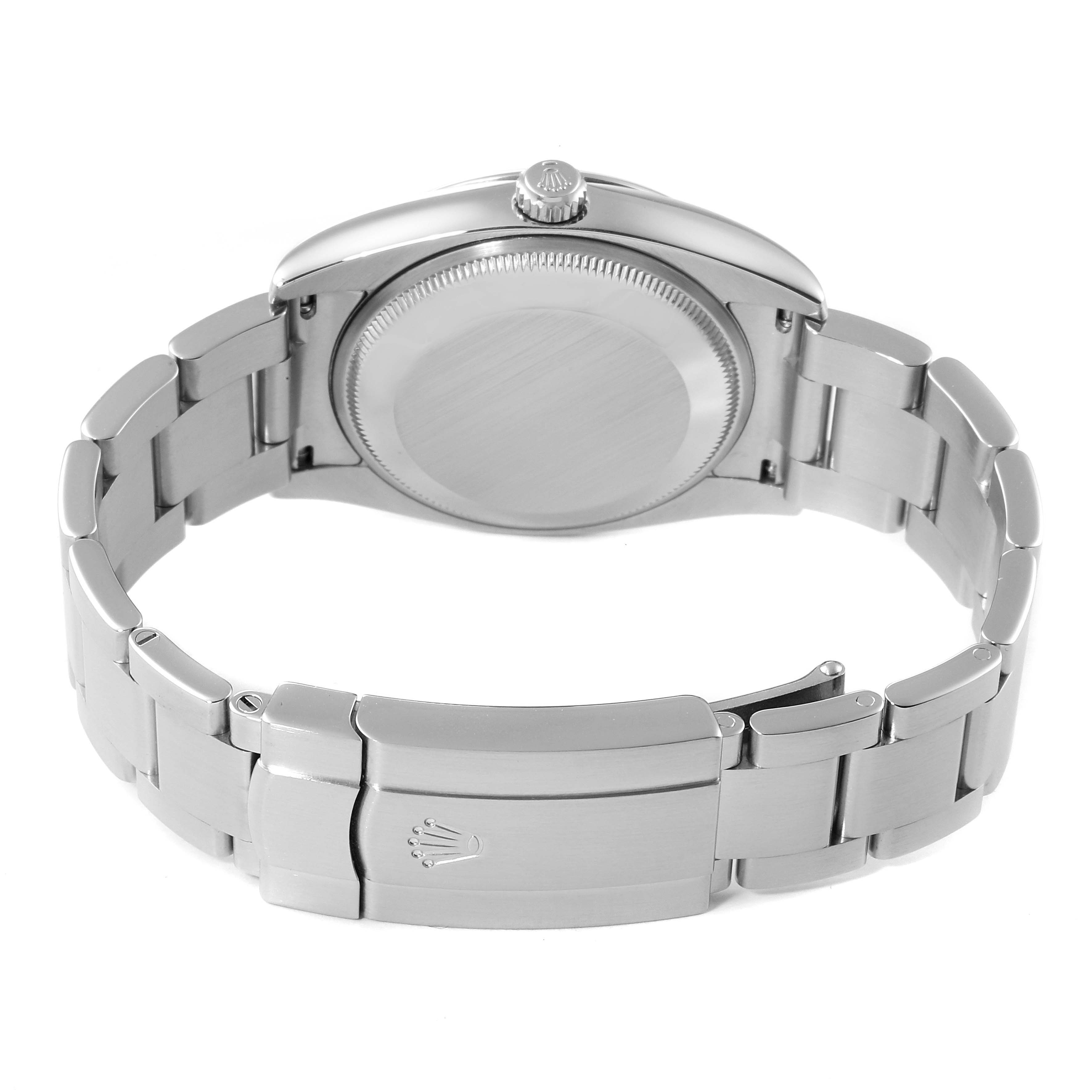 This image shows the back case, crown, and bracelet with clasp of the Rolex Air-King 114200 Men's Stainless Steel Grey Dial 114200 Men's Stainless Steel Grey Dial watch from a rear angle.