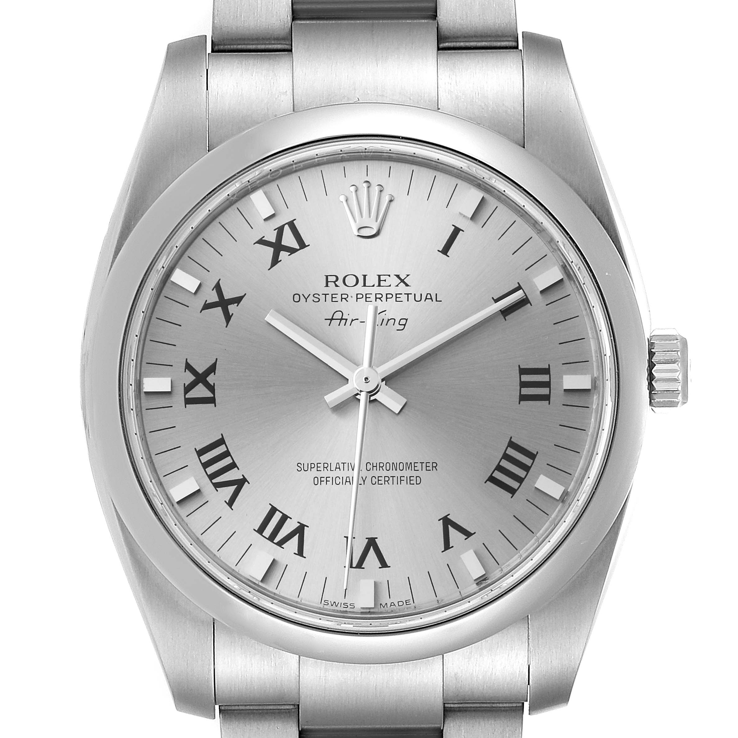 The image shows a front view of the Rolex Air-King 114200 Men's Stainless Steel Grey Dial 114200 Men's Stainless Steel Grey Dial watch, displaying its silver dial, hour markers, and part of the metal bracelet.
