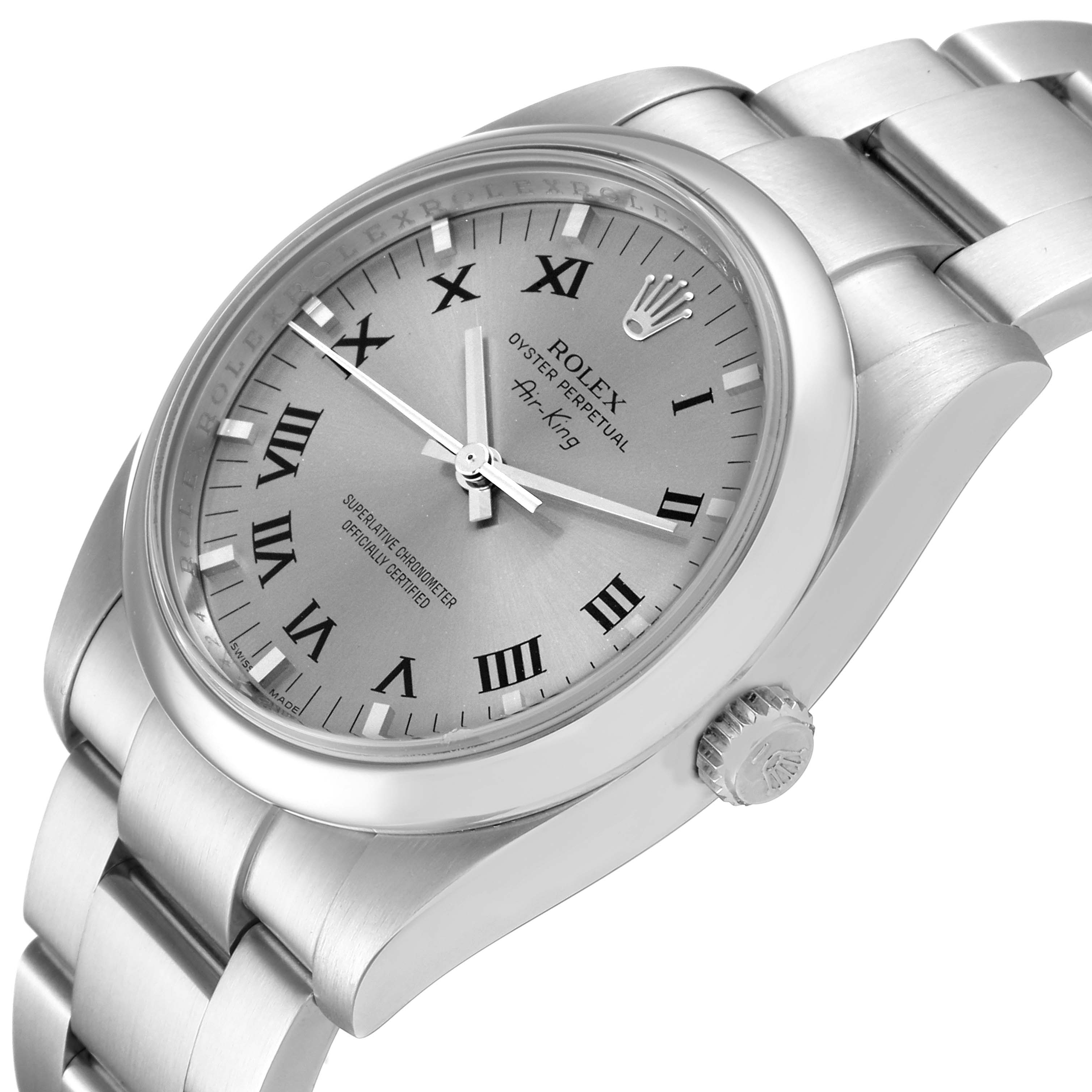 This image shows a side angle of the Rolex Air-King 114200 Men's Stainless Steel Grey Dial 114200 Men's Stainless Steel Grey Dial watch, highlighting the dial, crown, and part of the bracelet.