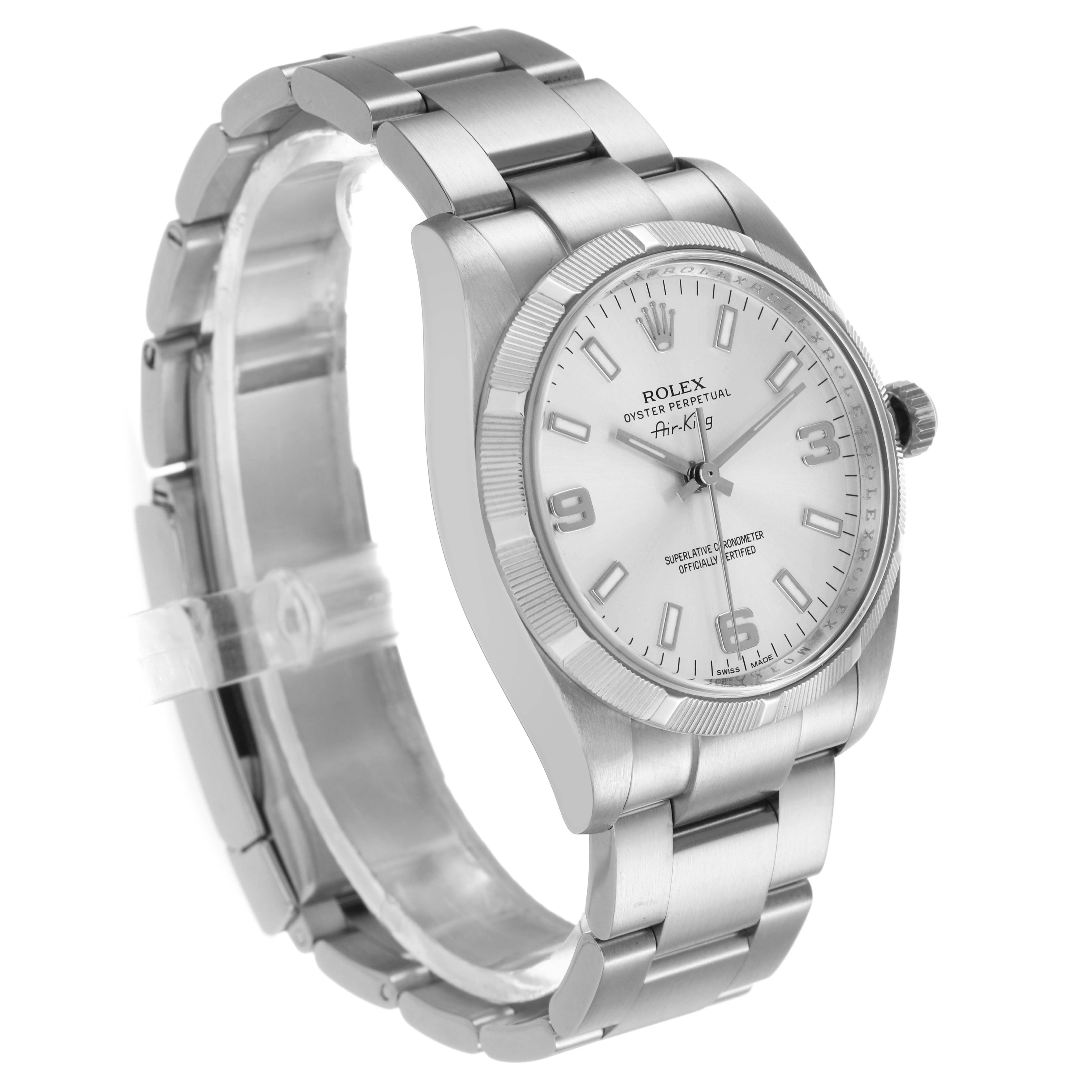 The Rolex Air-King 114210 Men's Stainless Steel Silver Dial watch is shown at a three-quarter angle, highlighting the dial, bezel, and bracelet.