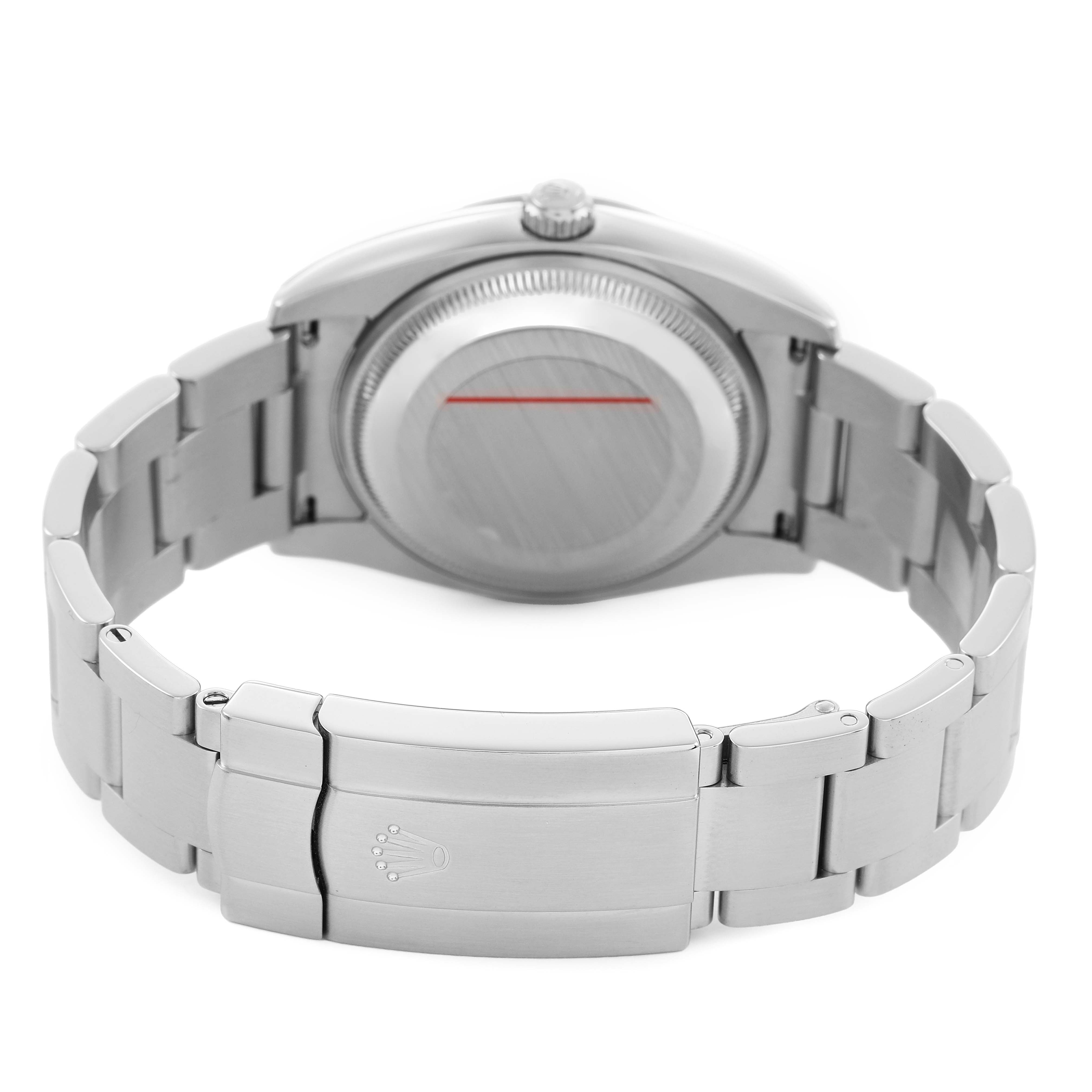 The image shows the back of a Rolex Air-King 114210 Men's Stainless Steel Silver Dial, highlighting the clasp and bracelet.