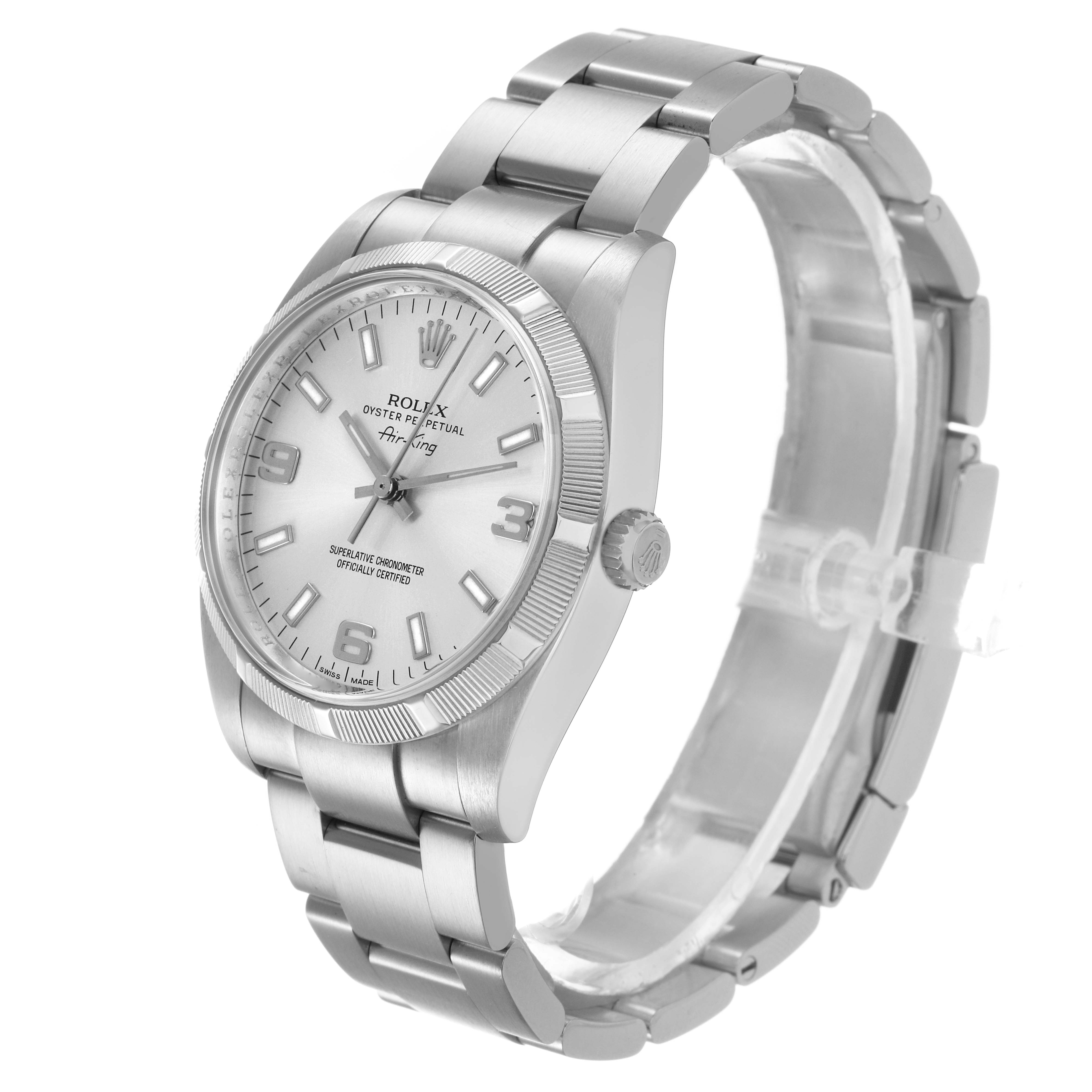 The Rolex Air-King 114210 Men's Stainless Steel Silver Dial watch is shown at a three-quarter angle, highlighting the dial, crown, and bracelet.