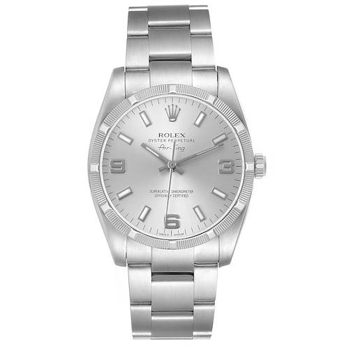 The Rolex Air-King 114210 Men's Stainless Steel Silver Dial watch is shown from a front view, highlighting the dial, bezel, bracelet, and crown.