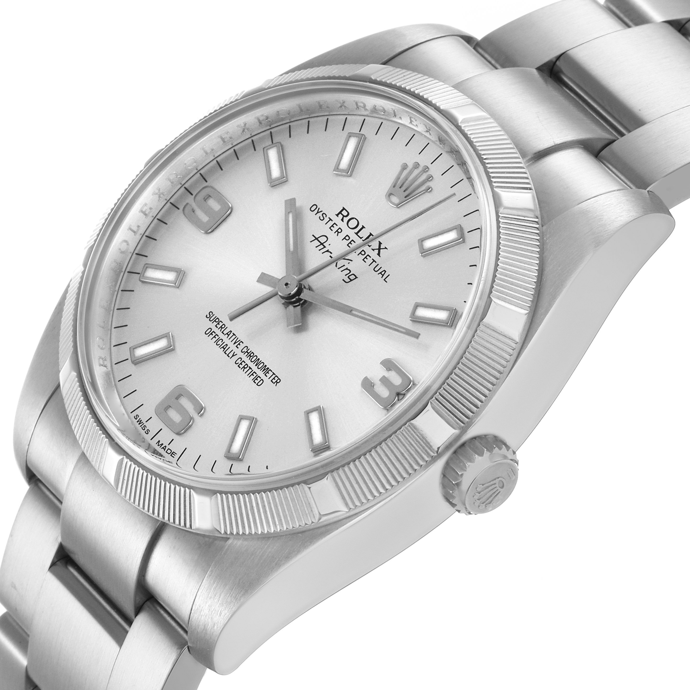The Rolex Air-King 114210 Men's Stainless Steel Silver Dial watch is shown from a three-quarter angle, highlighting the face, bezel, crown, and bracelet links.
