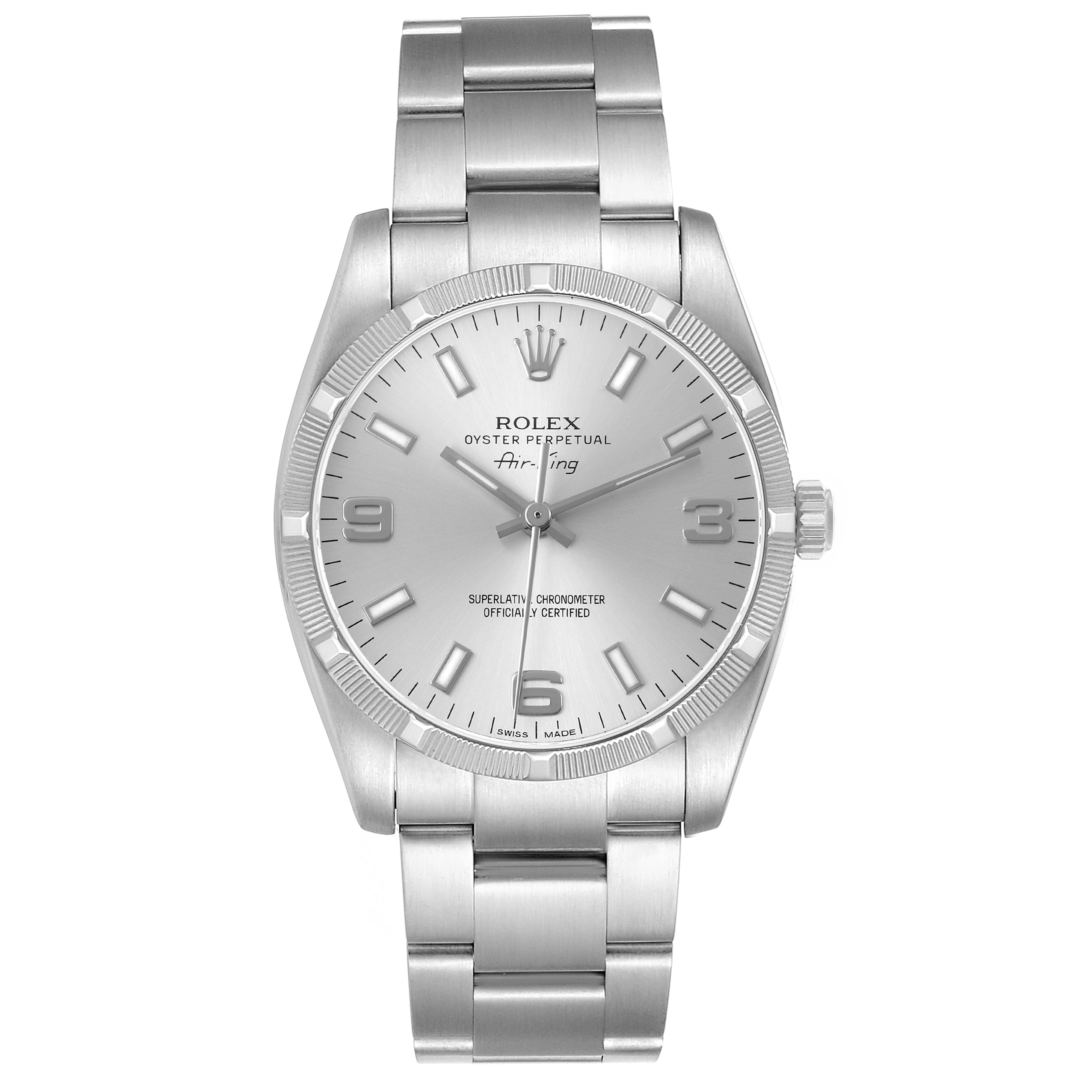 The Rolex Air-King 114210 Men's Stainless Steel Silver Dial watch is shown from the front, highlighting the dial, bezel, and bracelet.