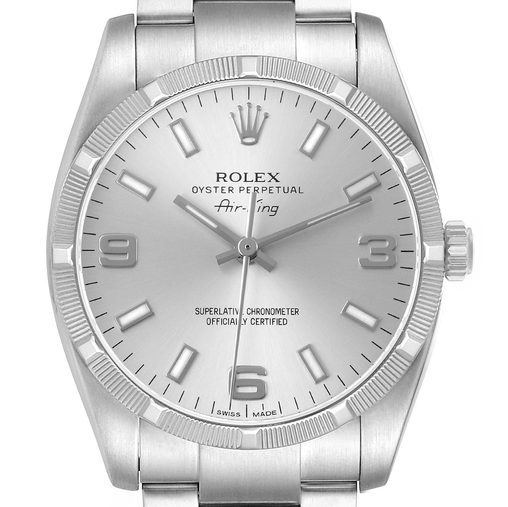 The image shows a front view of the Rolex Air-King 114210 Men's Stainless Steel Silver Dial watch, displaying the dial, bezel, crown, and part of the bracelet.